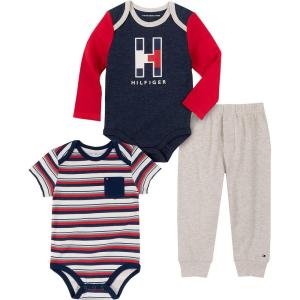 Tommy Hilfiger Baby Boy’s 3 Pieces Bodysuit Pants Set(Medieval Blue/Tango Red/Oatmeal Heather)