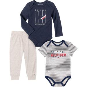 Tommy Hilfiger Baby Boy’s 3 Pieces Bodysuit Pants Set(Oatmeal Heather/Heather Blue)