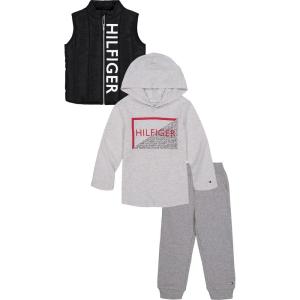 Tommy Hilfiger Baby Boys 3 Pieces Puffy Vest Pants Set, Deep Black/White Heather/Granite Heather, 18 Months US
