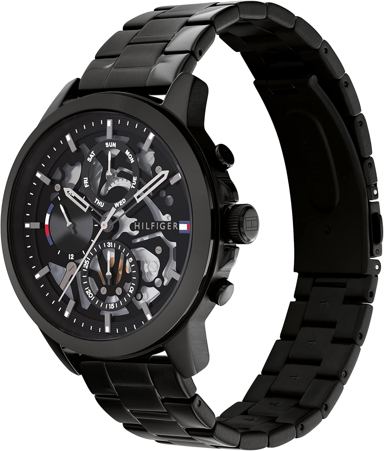 imageTommy Hilfiger Mens Watch 44 mm Quartz Multifunction Stainless Steel Case Skeleton Dial with Textured Reflector Ring Link Bracelet Dress Watch for Men