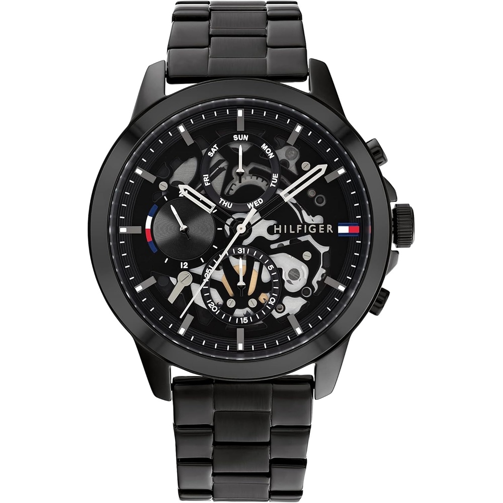 imageTommy Hilfiger Mens Watch 44 mm Quartz Multifunction Stainless Steel Case Skeleton Dial with Textured Reflector Ring Link Bracelet Dress Watch for Men