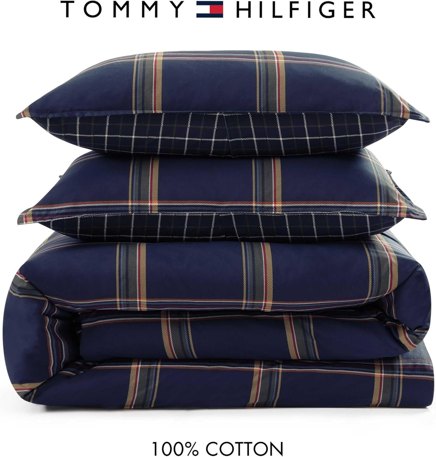image:imageTommy Hilfiger Queen Comforter Set Reversible Cotton Bedding for Year Round Comfort 3 Piece Plaid Bed Set with Matching Pillowcases Beacon Plaid BlueBeacon Plaid Blue