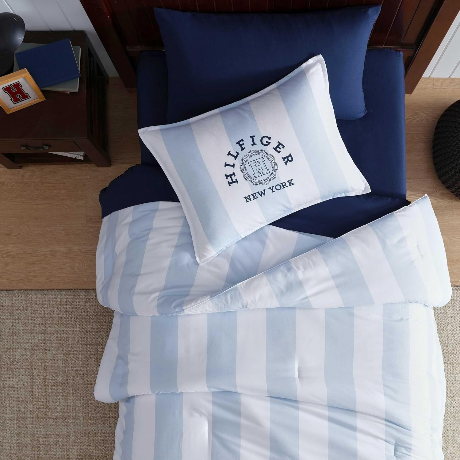image:imageTommy Hilfiger Queen Comforter Set Soft amp Reversible Striped Bedding for Year Round Comfort 3 Piece Bed Set with Matching Pillowcases Berkeley Stripe Deep BlueBerkeley Stripe Light Blue
