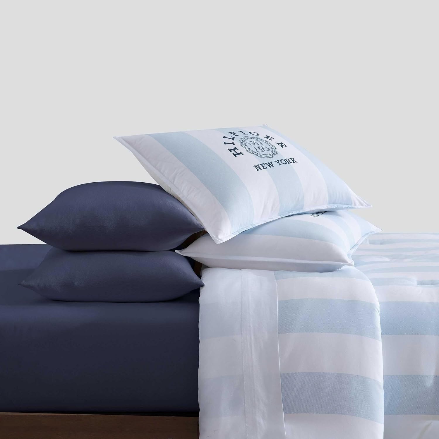 image:imageTommy Hilfiger Queen Comforter Set Soft amp Reversible Striped Bedding for Year Round Comfort 3 Piece Bed Set with Matching Pillowcases Berkeley Stripe Deep BlueBerkeley Stripe Light Blue