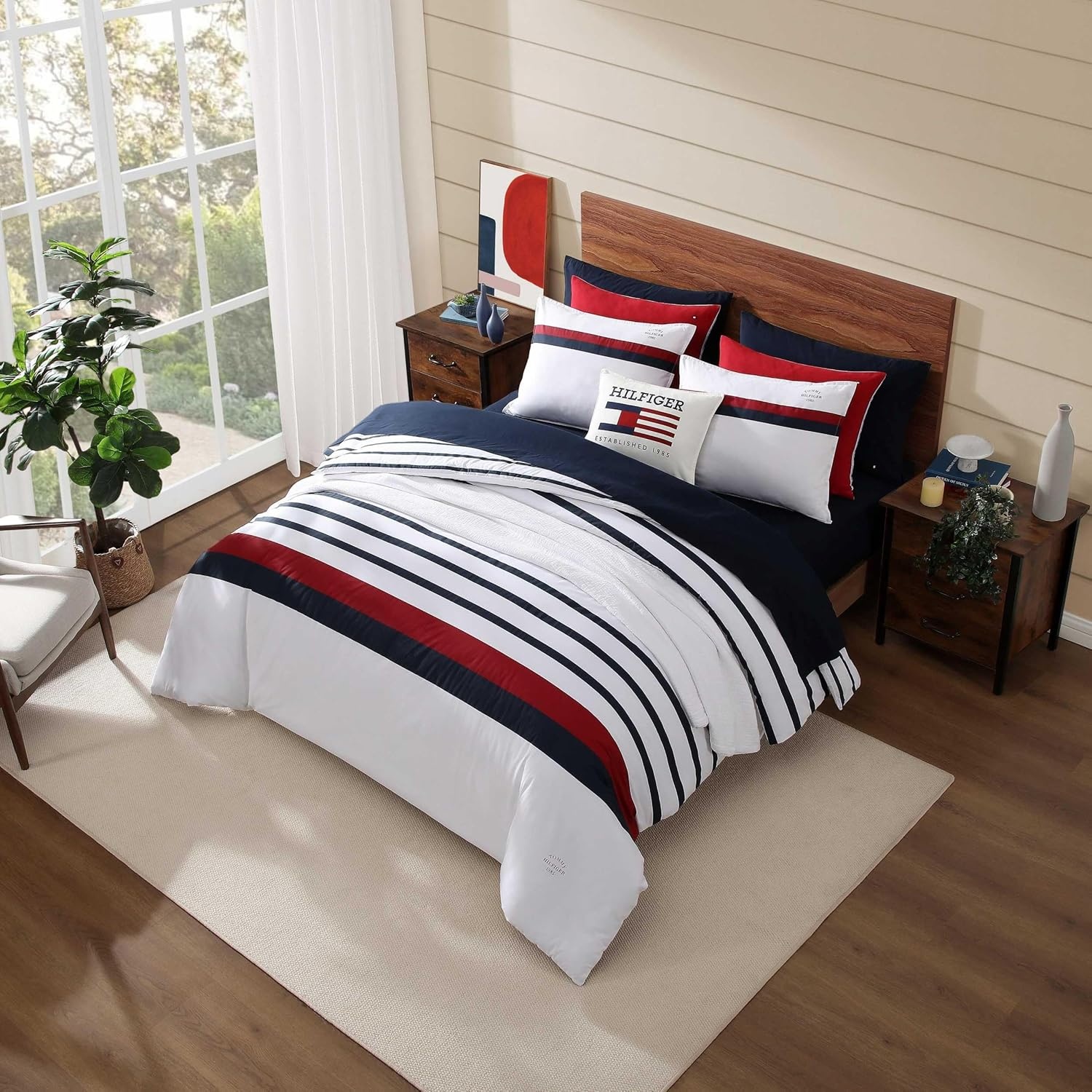 image:imageTommy Hilfiger Twin Comforter Set UltraSoft Cotton Bedding with Matching Sham Reversible Design Medium Weight for YearRound Comfort Striped Americana Decor Classic Stripe Dark BlueClassic Stripe Blue