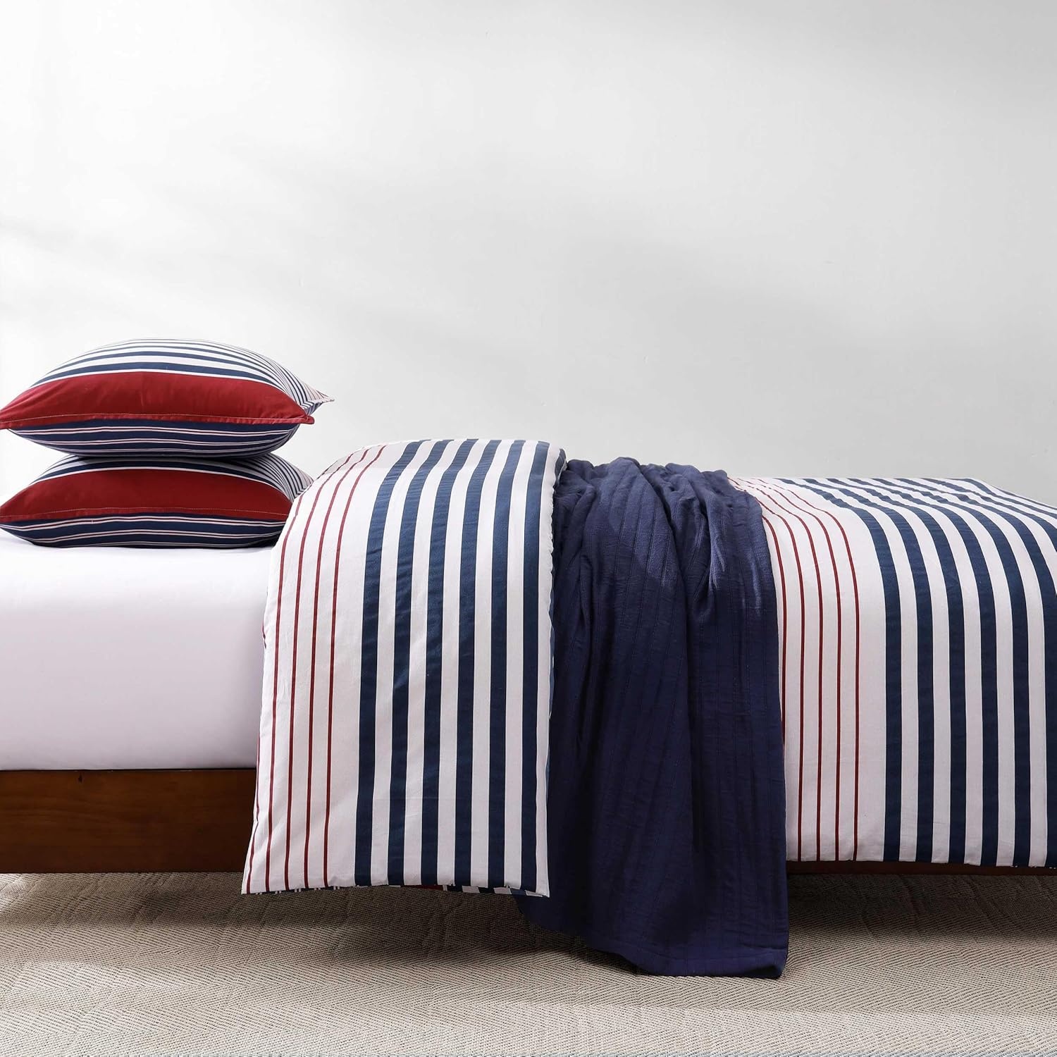 image:imageTommy Hilfiger Twin Comforter Set UltraSoft Cotton Bedding with Matching Sham Reversible Design Medium Weight for YearRound Comfort Striped Americana Decor Brooklyn BlueTwin