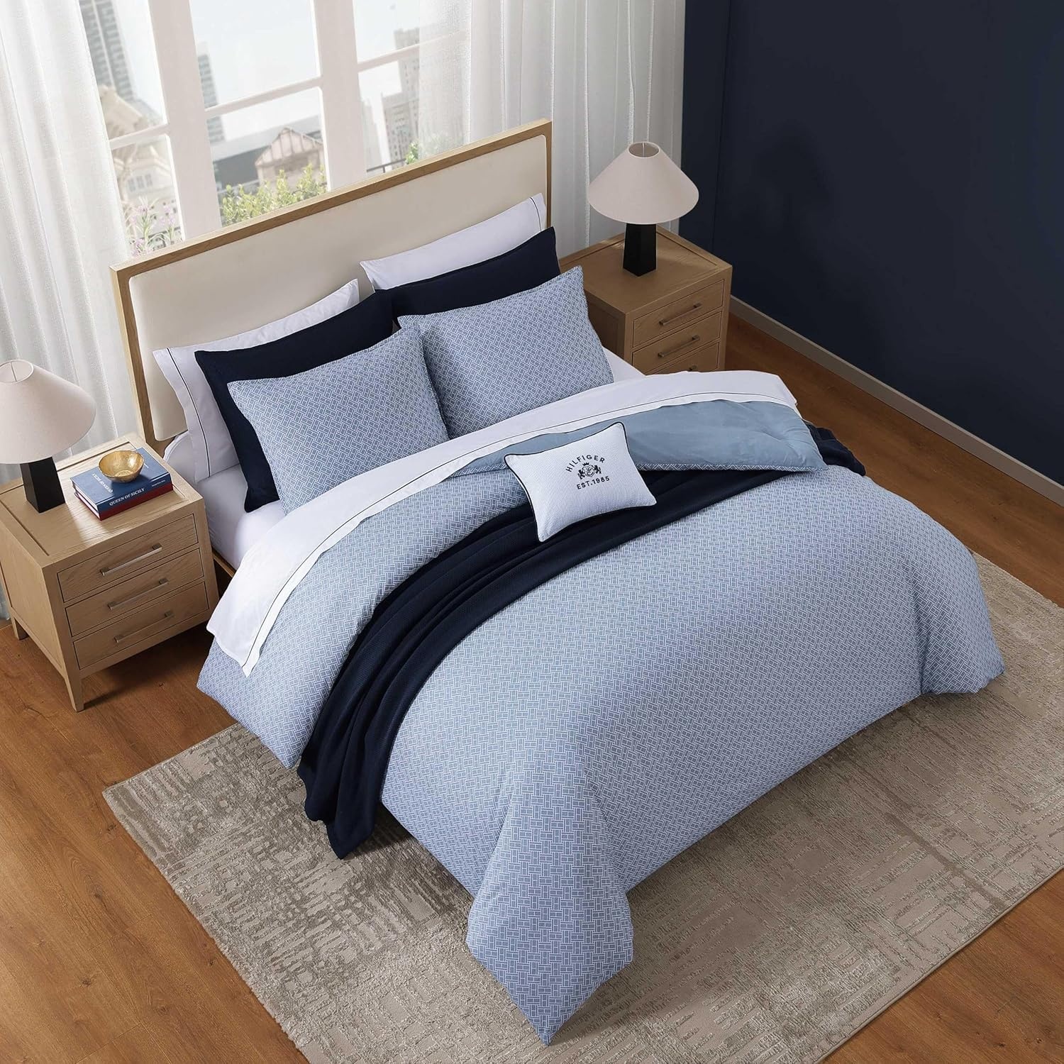 image:imageTommy Hilfiger Twin Comforter Set UltraSoft Cotton Bedding with Matching Sham Reversible Design Medium Weight for YearRound Comfort Striped Americana Decor Classic Stripe Dark BlueTrellis FlagChristopher Blue