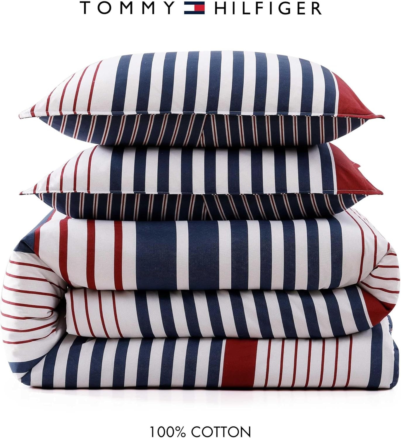 image:imageTommy Hilfiger Twin Comforter Set UltraSoft Cotton Bedding with Matching Sham Reversible Design Medium Weight for YearRound Comfort Striped Americana Decor Brooklyn BlueQueen