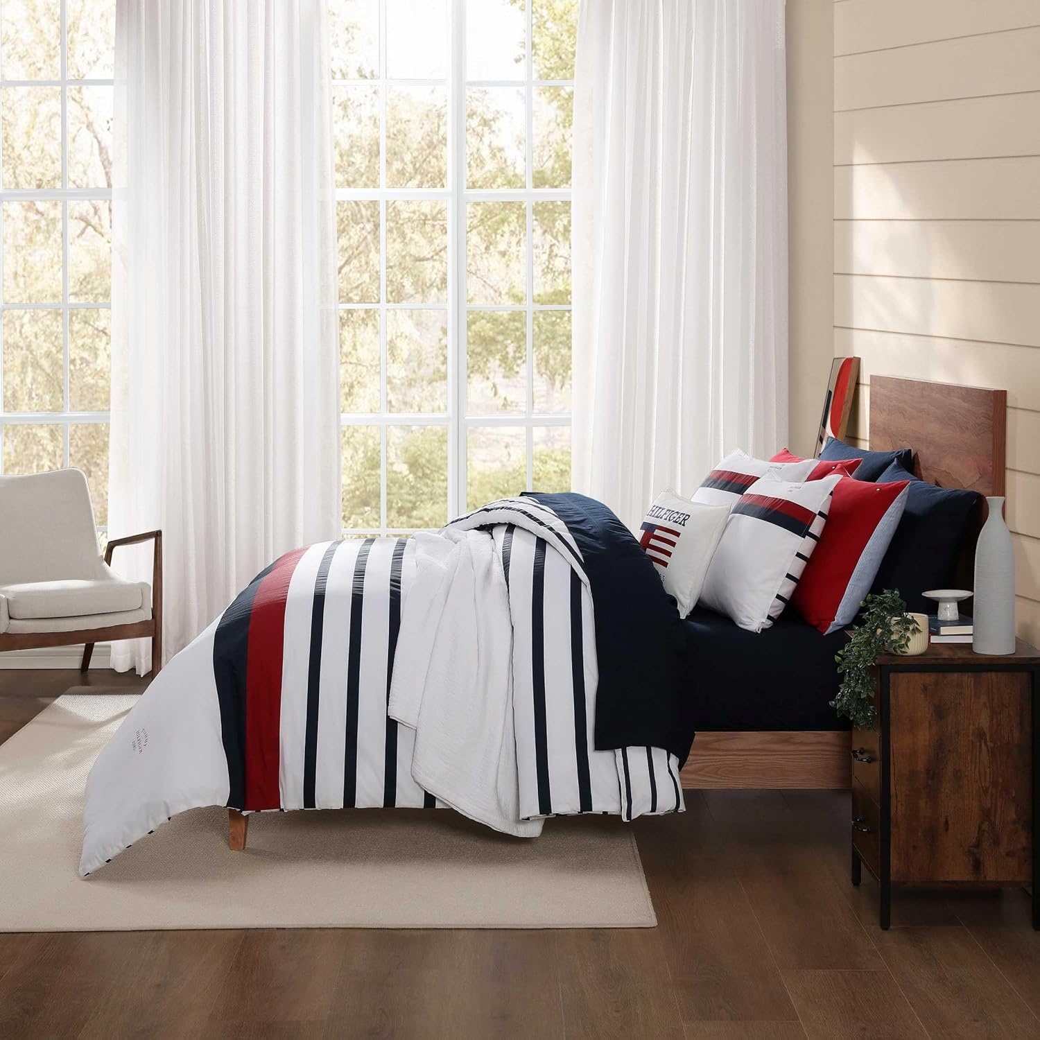 image:imageTommy Hilfiger Twin Comforter Set UltraSoft Cotton Bedding with Matching Sham Reversible Design Medium Weight for YearRound Comfort Striped Americana Decor Classic Stripe Dark BlueClassic Stripe Blue