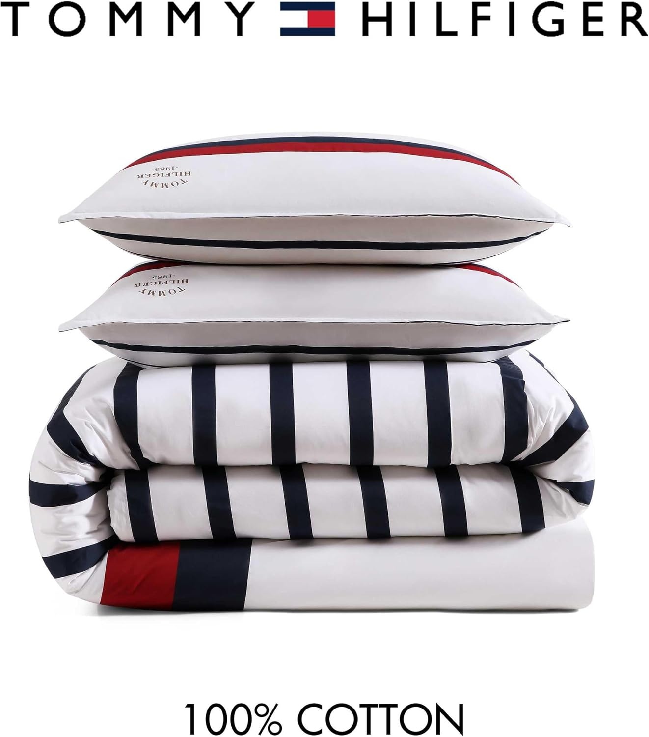 image:imageTommy Hilfiger Twin Comforter Set UltraSoft Cotton Bedding with Matching Sham Reversible Design Medium Weight for YearRound Comfort Striped Americana Decor Classic Stripe Dark BlueClassic Stripe Blue