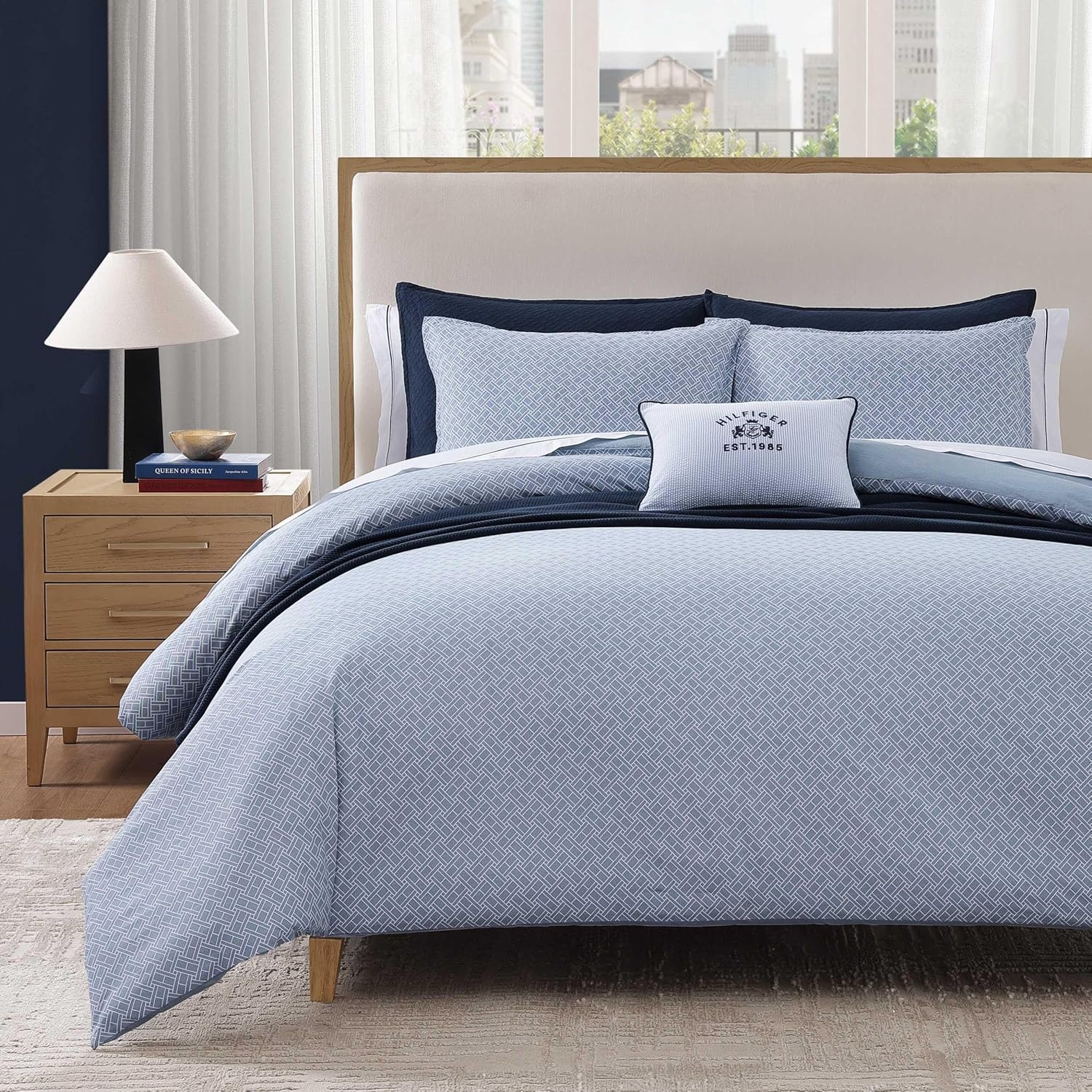 image:imageTommy Hilfiger Twin Comforter Set UltraSoft Cotton Bedding with Matching Sham Reversible Design Medium Weight for YearRound Comfort Striped Americana Decor Classic Stripe Dark BlueTrellis FlagChristopher Blue