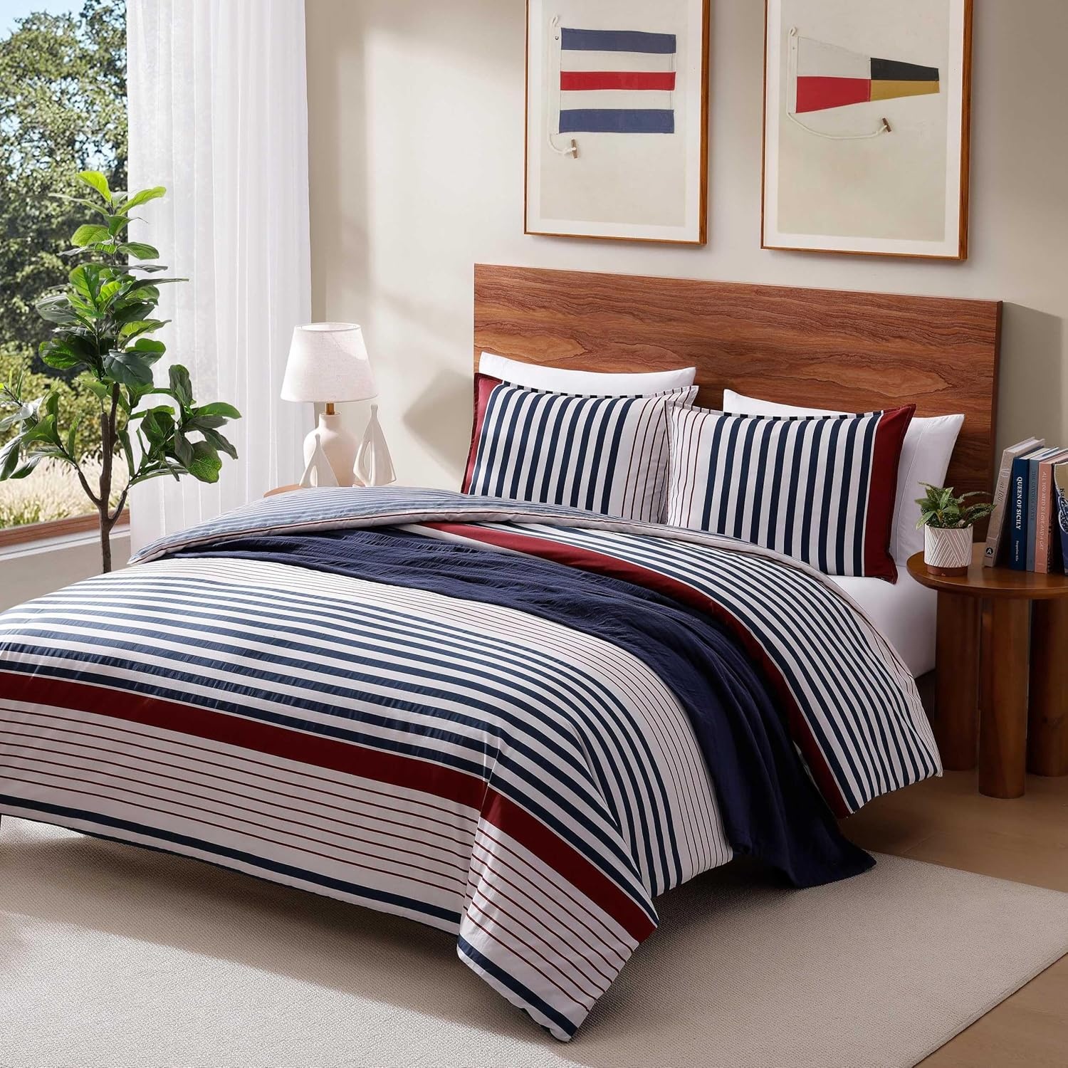 image:imageTommy Hilfiger Twin Comforter Set UltraSoft Cotton Bedding with Matching Sham Reversible Design Medium Weight for YearRound Comfort Striped Americana Decor Brooklyn BlueQueen