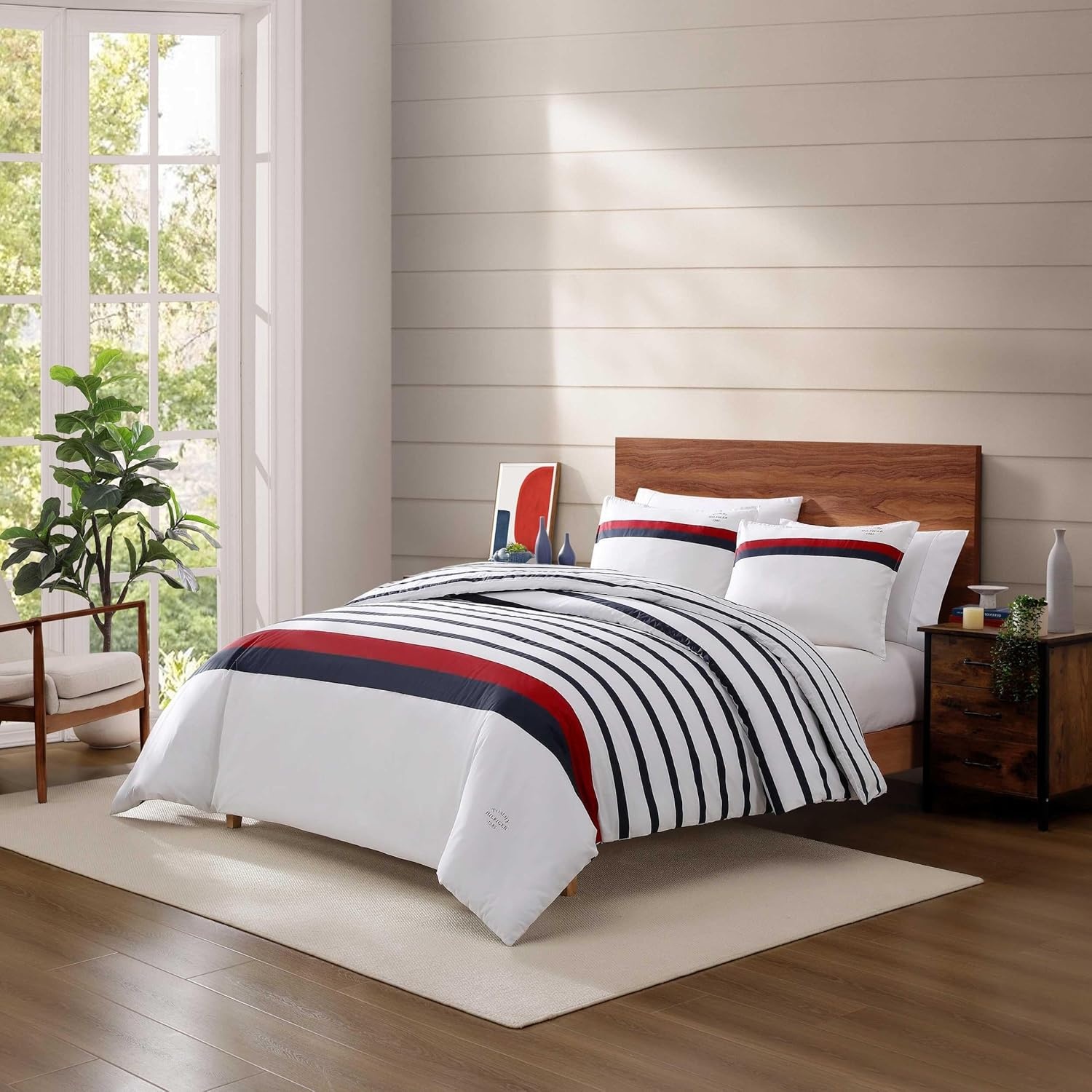 image:imageTommy Hilfiger Twin Comforter Set UltraSoft Cotton Bedding with Matching Sham Reversible Design Medium Weight for YearRound Comfort Striped Americana Decor Classic Stripe Dark BlueClassic Stripe Blue