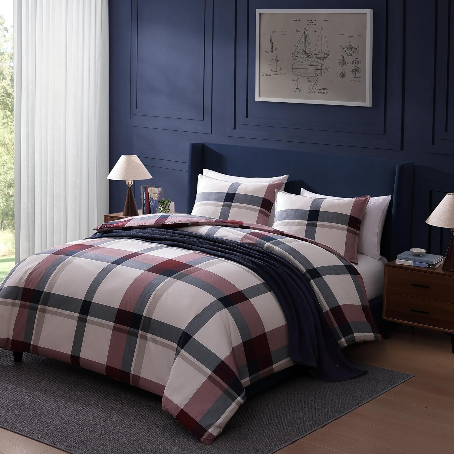 image:imageTommy Hilfiger Twin Comforter Set UltraSoft Cotton Bedding with Matching Sham Reversible Stripe amp Plaid Design Medium Weight for YearRound Comfort Americana Decor Prospect BlueKing