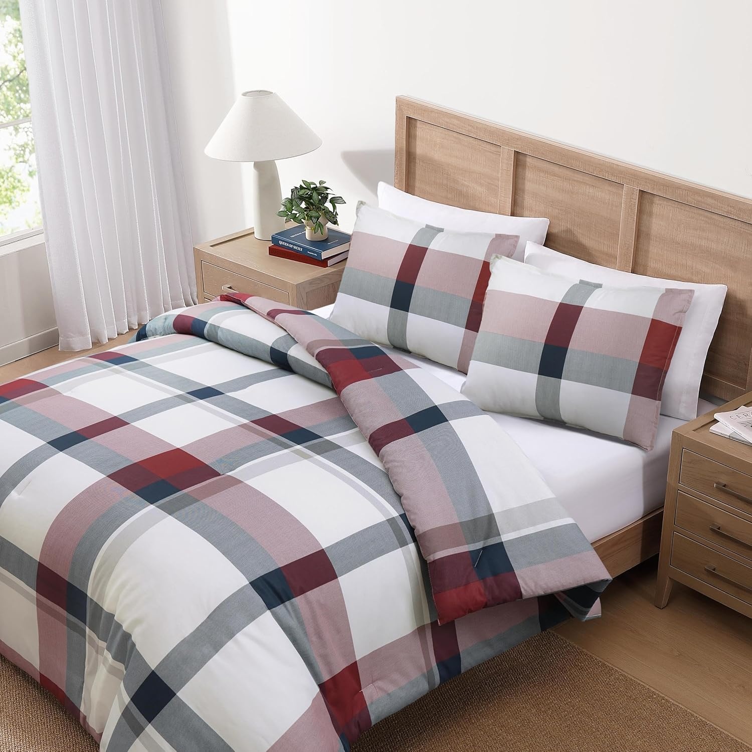 image:imageTommy Hilfiger Twin Comforter Set UltraSoft Cotton Bedding with Matching Sham Reversible Stripe amp Plaid Design Medium Weight for YearRound Comfort Americana Decor Prospect BlueKing