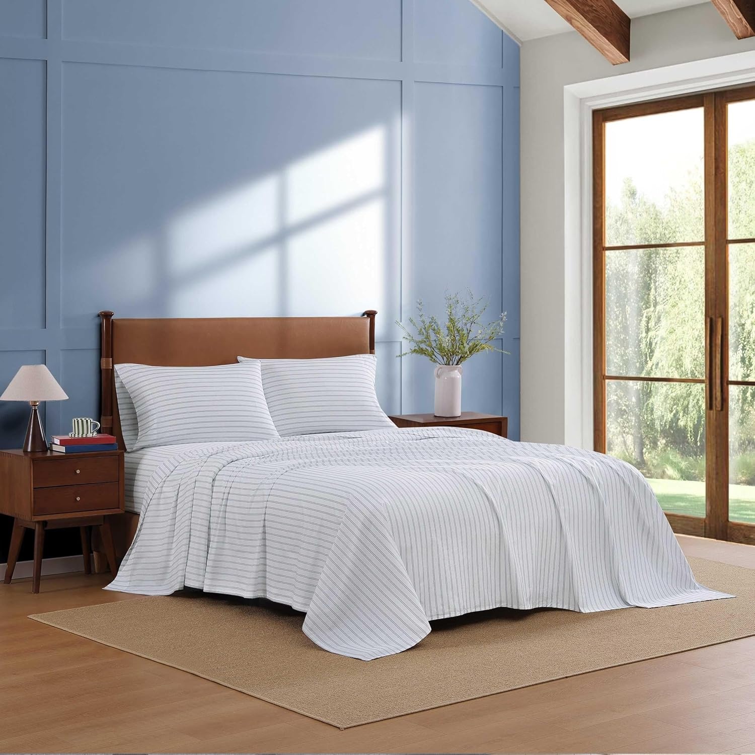 image:imageTommy Hilfiger Twin Size Sheets Set Crisp amp Tailored Cooling Sheets with a Cotton Percale Lightweight Feel Bed Sheets with Matching Pillowcase amp Fitted Sheet Cass Park Mix GreenJoshua Tree Stripe Blue
