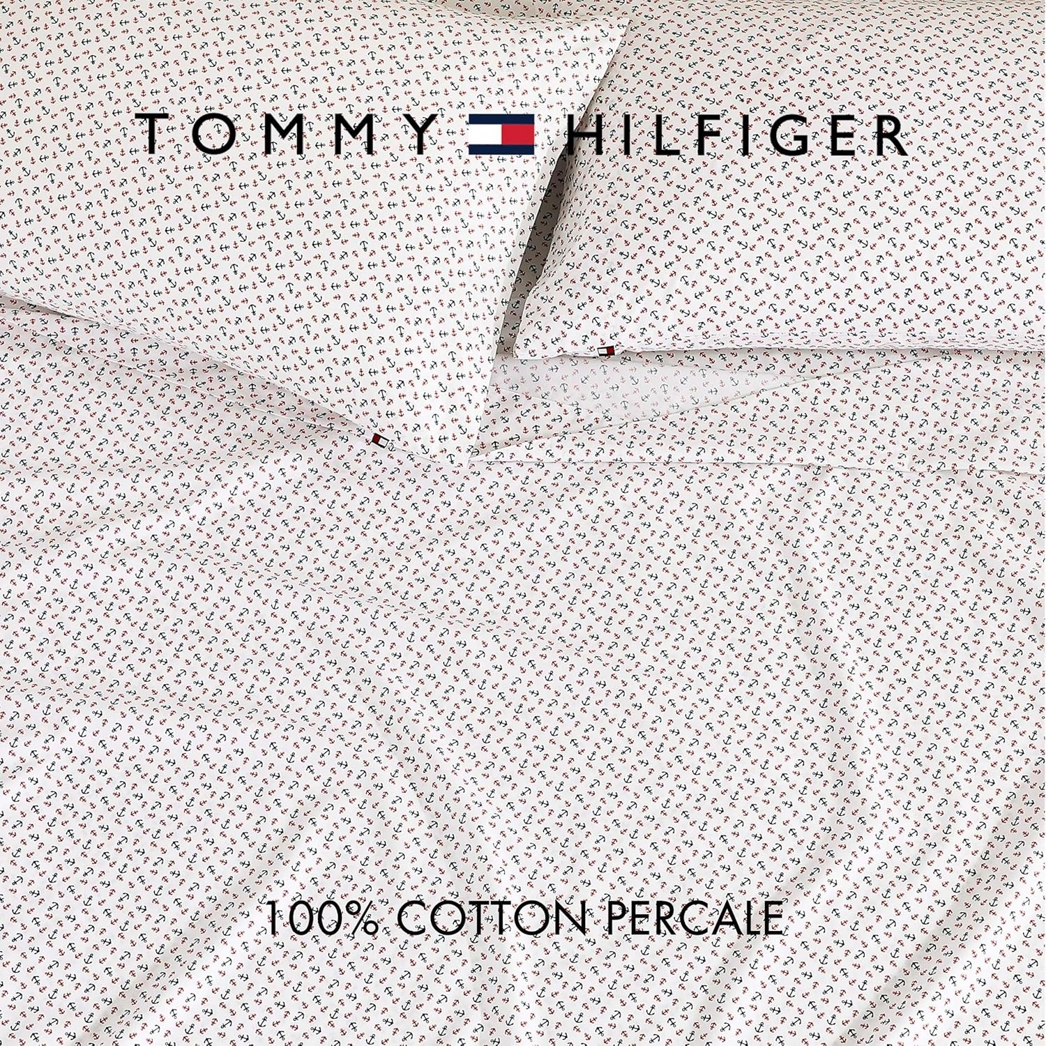 image:imageTommy Hilfiger Twin Size Sheets Set Crisp amp Tailored Cooling Sheets with a Cotton Percale Lightweight Feel Bed Sheets with Matching Pillowcase amp Fitted Sheet Cass Park Mix GreenAtlantic Anchors Red