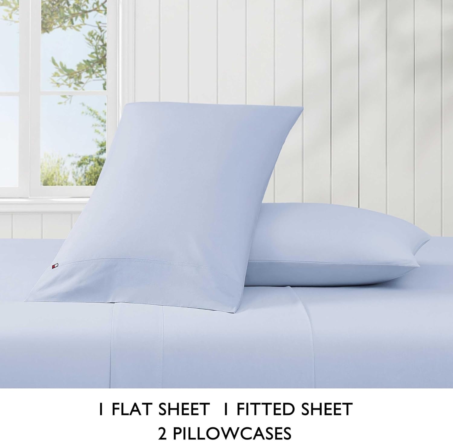 image:imageTommy Hilfiger Twin Size Sheets Set Crisp amp Tailored Cooling Sheets with a Cotton Percale Lightweight Feel Bed Sheets with Matching Pillowcase amp Fitted Sheet Cass Park Mix GreenSolid Blue