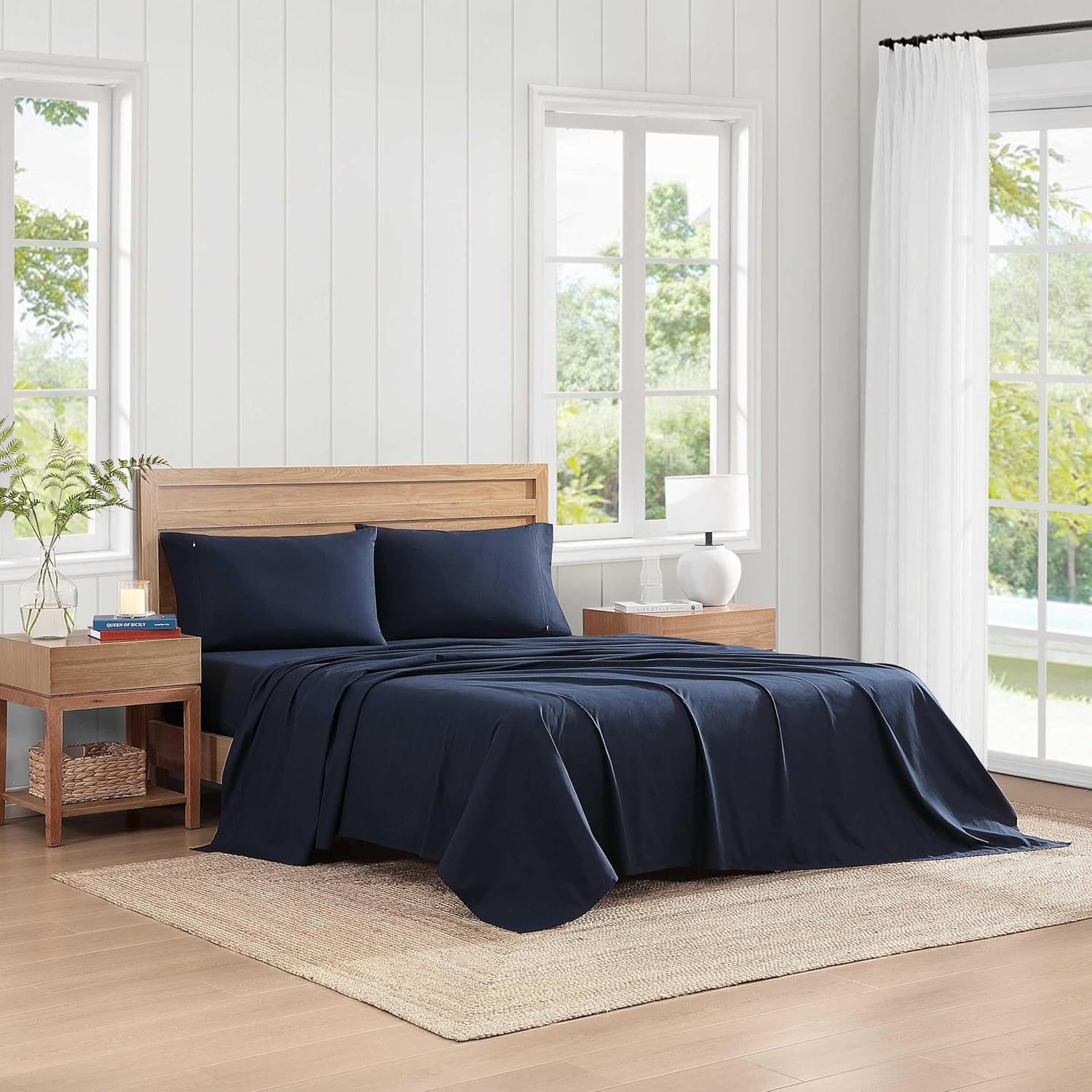 image:imageTommy Hilfiger Twin Size Sheets Set Crisp amp Tailored Cooling Sheets with a Cotton Percale Lightweight Feel Bed Sheets with Matching Pillowcase amp Fitted Sheet Cass Park Mix GreenSolid Navy