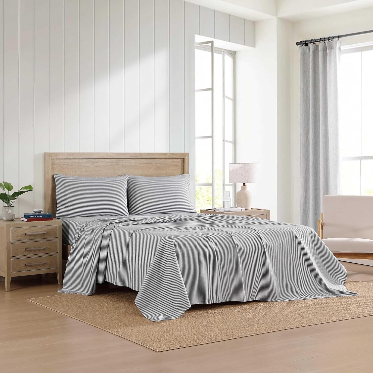 image:imageTommy Hilfiger Twin Size Sheets Set Crisp amp Tailored Cooling Sheets with a Cotton Percale Lightweight Feel Bed Sheets with Matching Pillowcase amp Fitted Sheet Cass Park Mix GreenHighland Ticking Stripe Navy