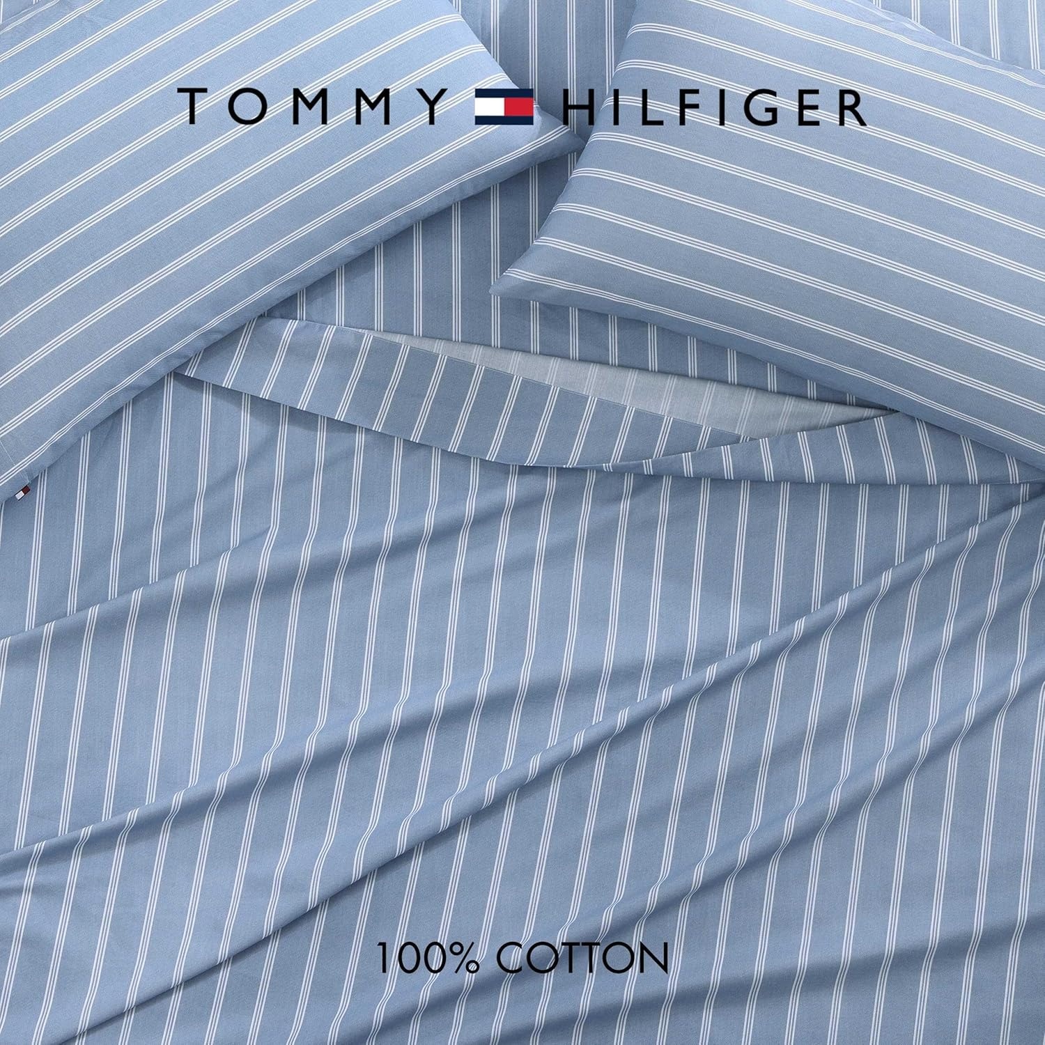 image:imageTommy Hilfiger Twin Size Sheets Set Crisp amp Tailored Cooling Sheets with a Cotton Percale Lightweight Feel Bed Sheets with Matching Pillowcase amp Fitted Sheet Cass Park Mix GreenEffortless Stripe Blue