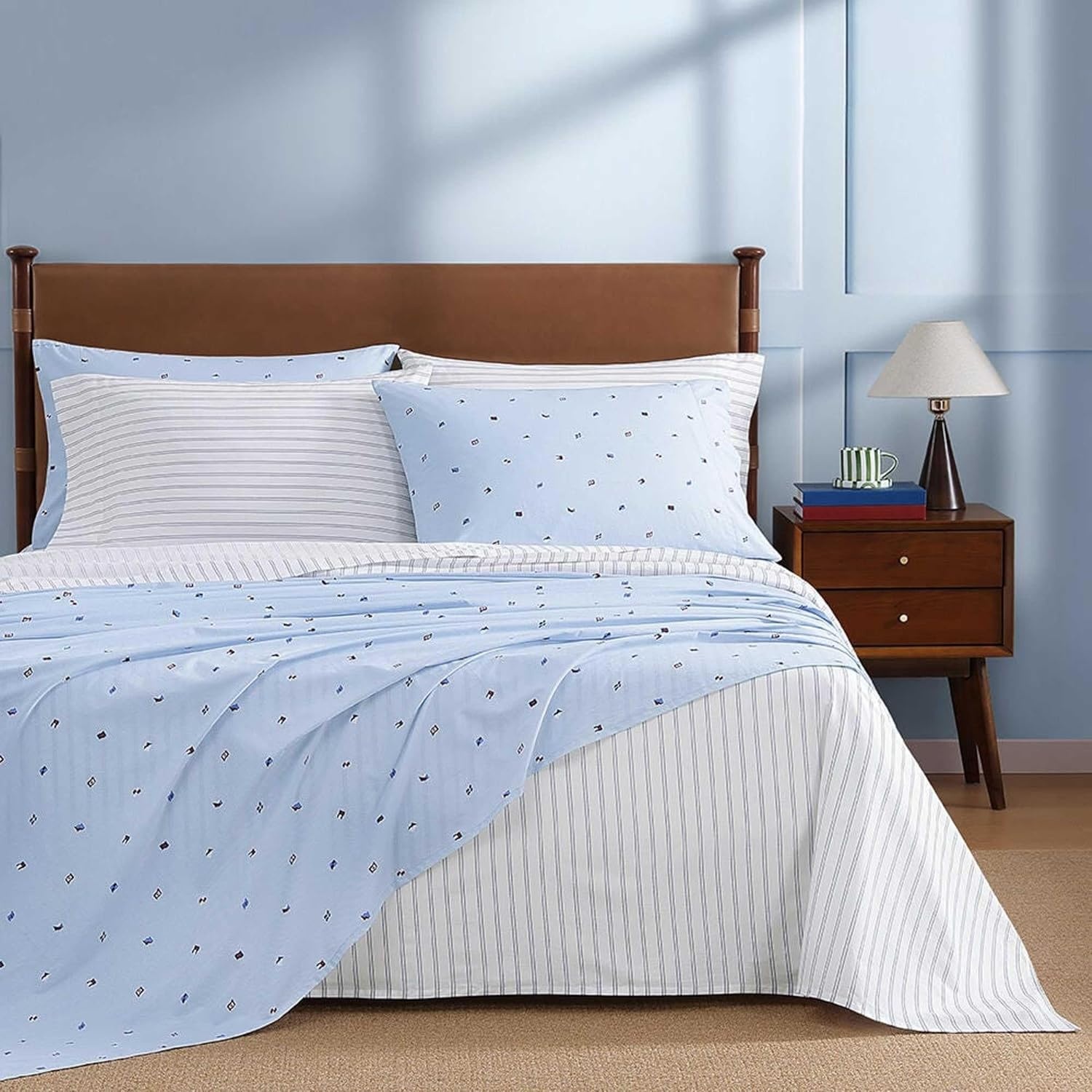 image:imageTommy Hilfiger Twin Size Sheets Set Crisp amp Tailored Cooling Sheets with a Cotton Percale Lightweight Feel Bed Sheets with Matching Pillowcase amp Fitted Sheet Cass Park Mix GreenNautical Flag Blue