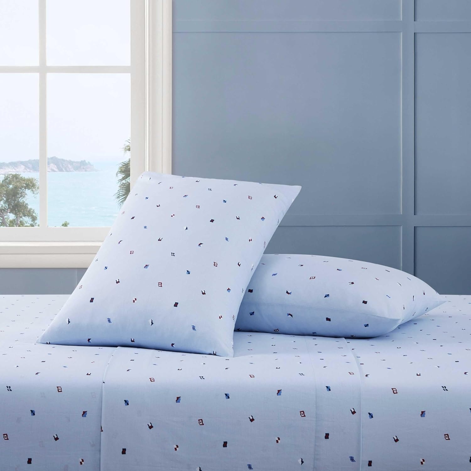 image:imageTommy Hilfiger Twin Size Sheets Set Crisp amp Tailored Cooling Sheets with a Cotton Percale Lightweight Feel Bed Sheets with Matching Pillowcase amp Fitted Sheet Cass Park Mix GreenNautical Flag Blue
