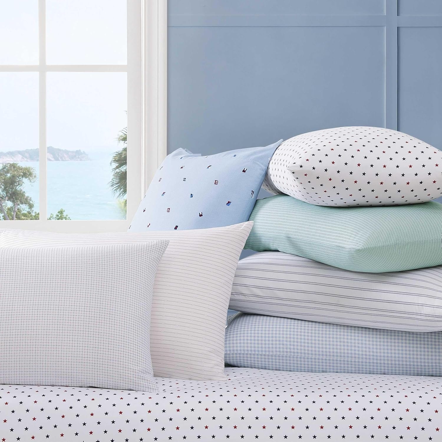 image:imageTommy Hilfiger Twin Size Sheets Set Crisp amp Tailored Cooling Sheets with a Cotton Percale Lightweight Feel Bed Sheets with Matching Pillowcase amp Fitted Sheet Cass Park Mix GreenNautical Flag Blue