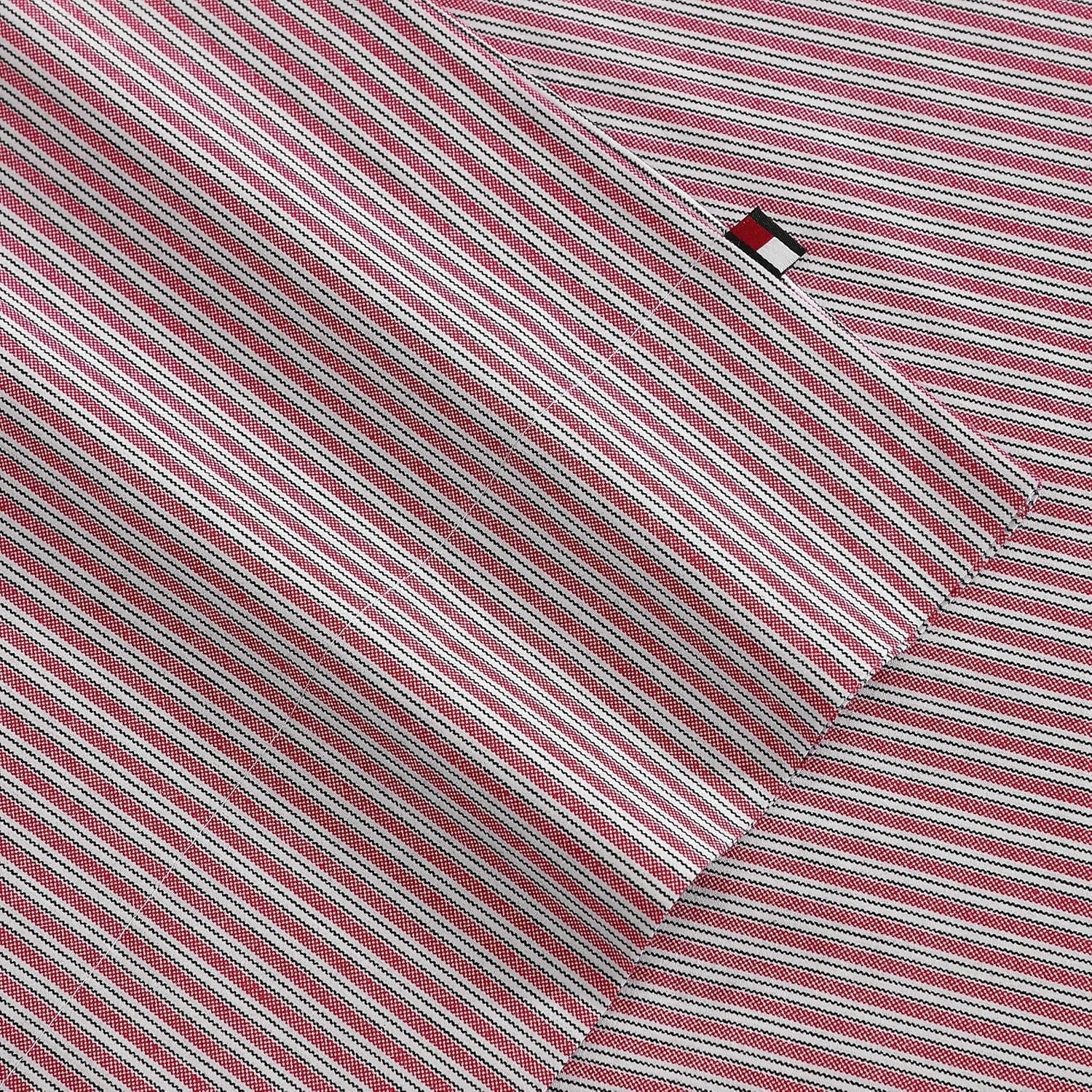 image:imageTommy Hilfiger Twin Size Sheets Set Crisp amp Tailored Cooling Sheets with a Cotton Percale Lightweight Feel Bed Sheets with Matching Pillowcase amp Fitted Sheet Cass Park Mix GreenHighland Ticking Stripe Red