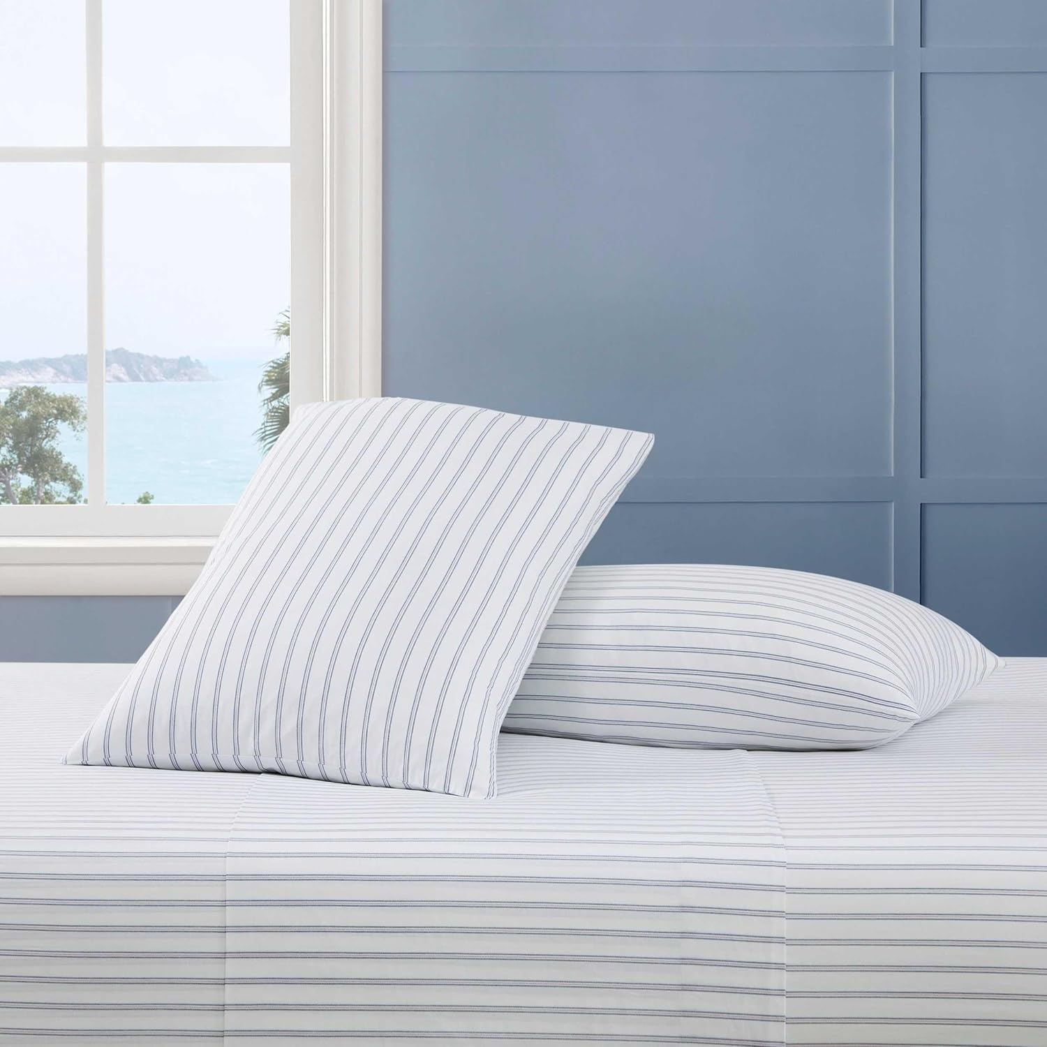 image:imageTommy Hilfiger Twin Size Sheets Set Crisp amp Tailored Cooling Sheets with a Cotton Percale Lightweight Feel Bed Sheets with Matching Pillowcase amp Fitted Sheet Cass Park Mix GreenJoshua Tree Stripe Blue