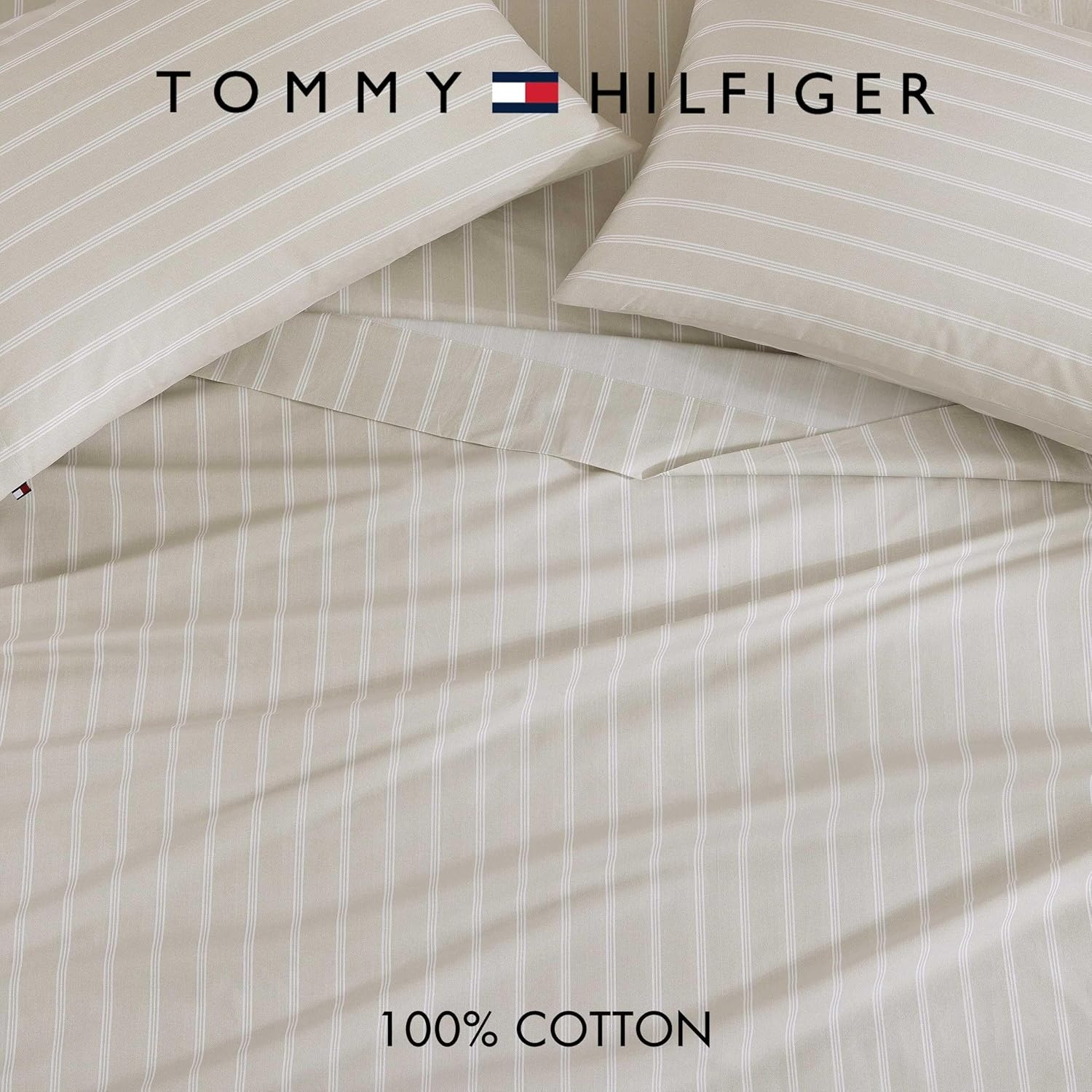 image:imageTommy Hilfiger Twin Size Sheets Set Crisp amp Tailored Cooling Sheets with a Cotton Percale Lightweight Feel Bed Sheets with Matching Pillowcase amp Fitted Sheet Cass Park Mix GreenEffortless Stripe Beige
