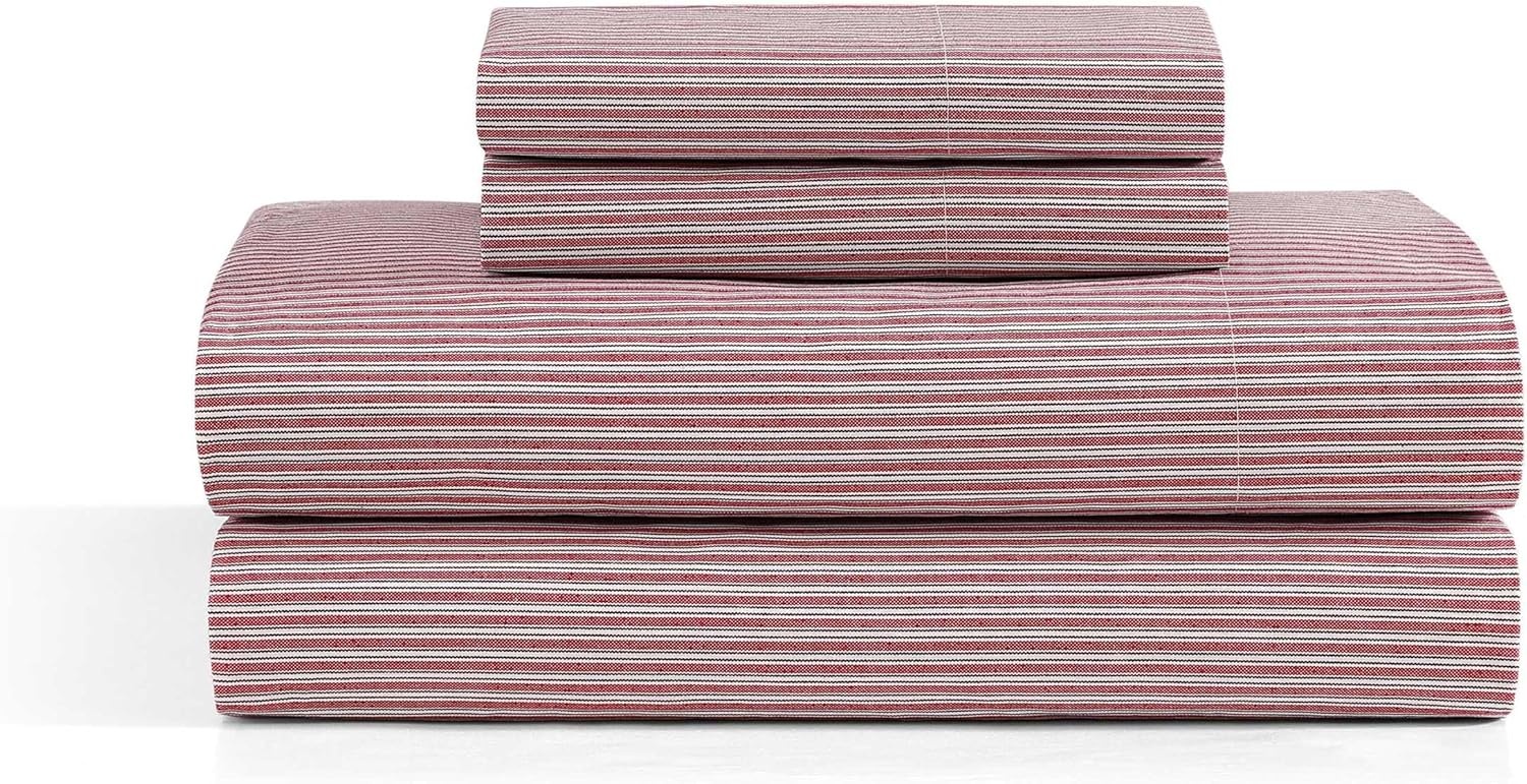 image:imageTommy Hilfiger Twin Size Sheets Set Crisp amp Tailored Cooling Sheets with a Cotton Percale Lightweight Feel Bed Sheets with Matching Pillowcase amp Fitted Sheet Cass Park Mix GreenHighland Ticking Stripe Red