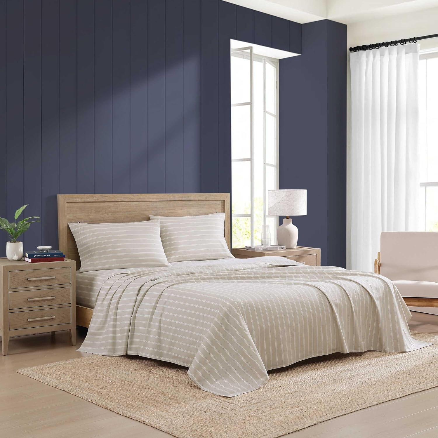 image:imageTommy Hilfiger Twin Size Sheets Set Crisp amp Tailored Cooling Sheets with a Cotton Percale Lightweight Feel Bed Sheets with Matching Pillowcase amp Fitted Sheet Cass Park Mix GreenEffortless Stripe Beige