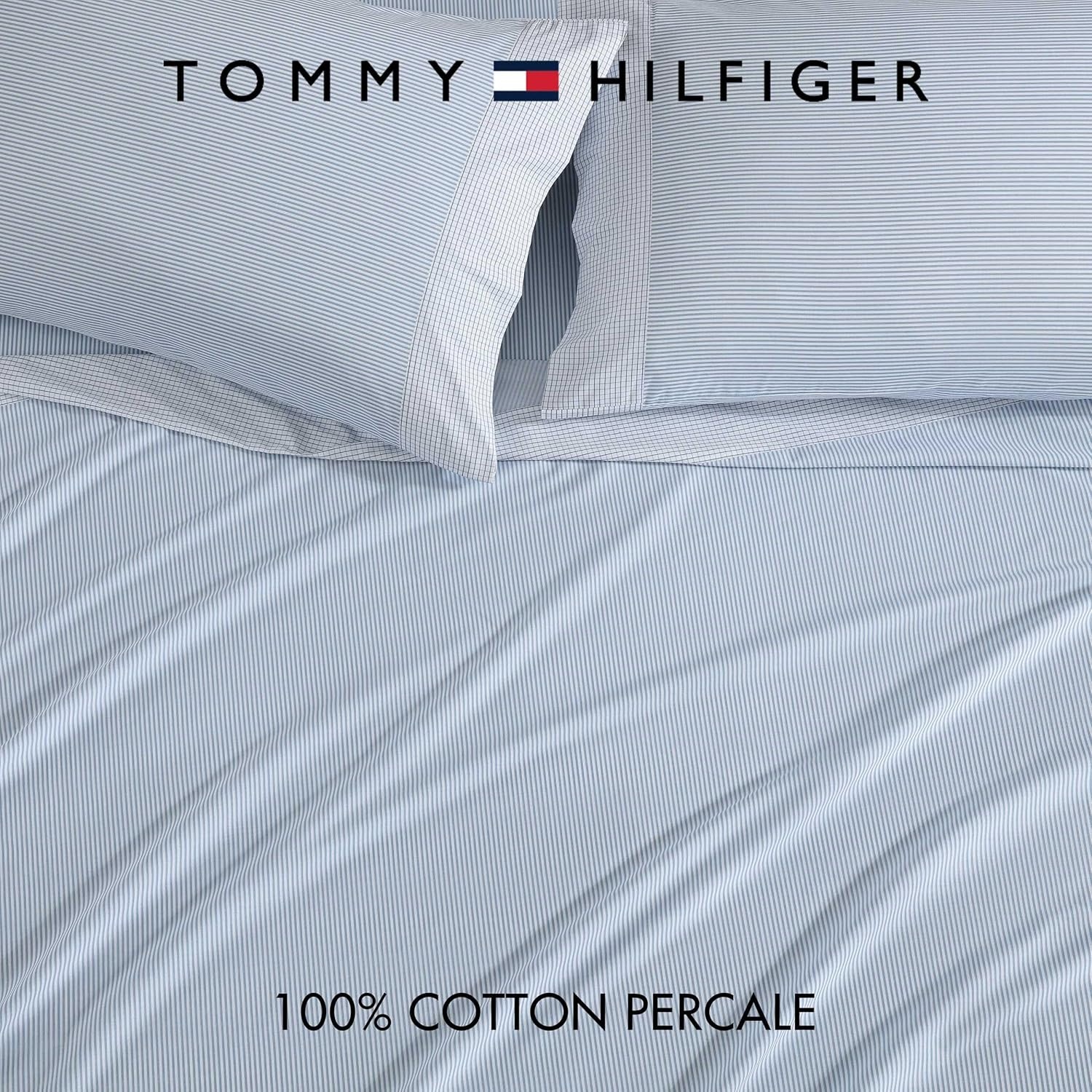 image:imageTommy Hilfiger Twin Size Sheets Set Crisp amp Tailored Cooling Sheets with a Cotton Percale Lightweight Feel Bed Sheets with Matching Pillowcase amp Fitted Sheet Cass Park Mix GreenWilliamstown Stripe Blue