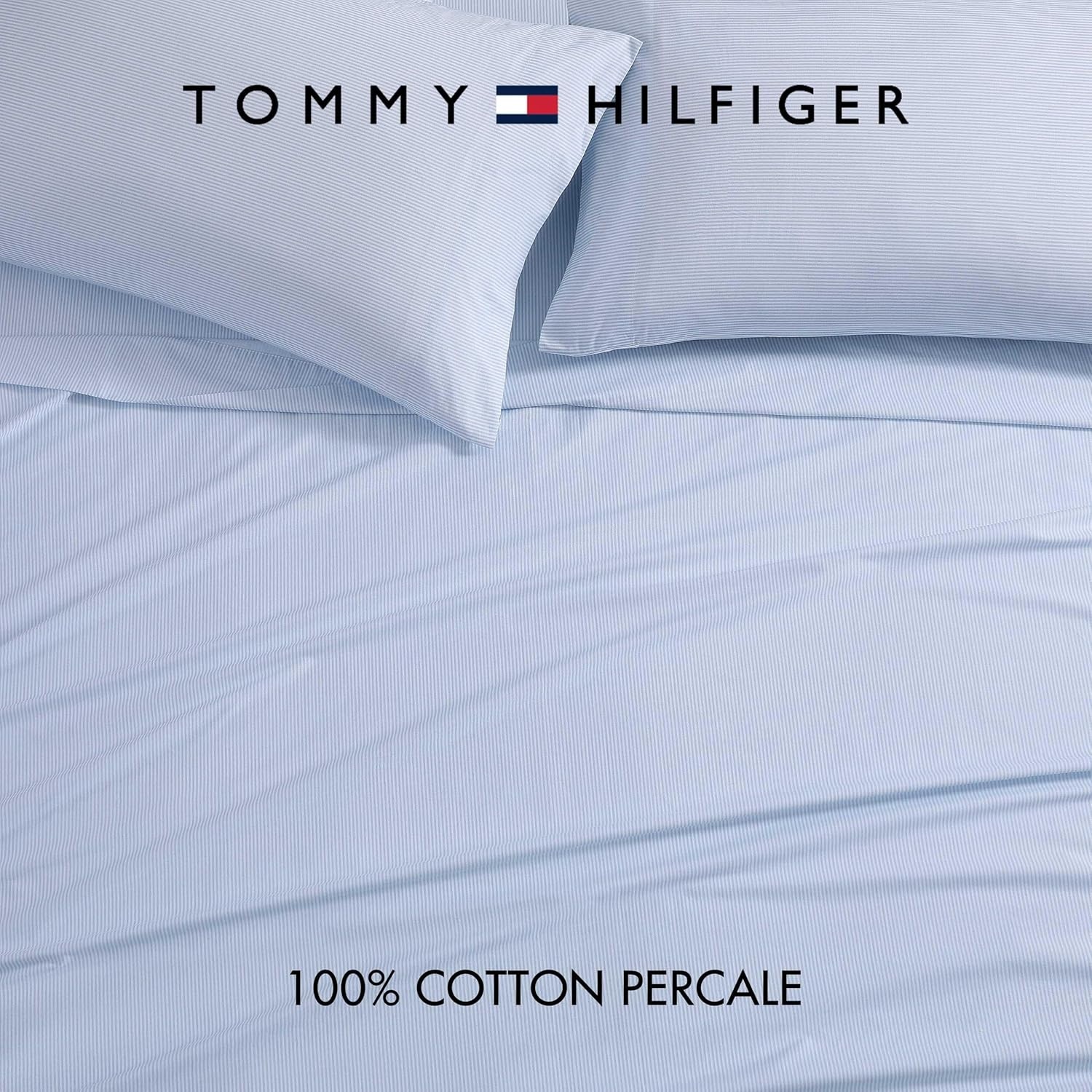 image:imageTommy Hilfiger Twin Size Sheets Set Crisp amp Tailored Cooling Sheets with a Cotton Percale Lightweight Feel Bed Sheets with Matching Pillowcase amp Fitted Sheet Cass Park Mix GreenIthaca Stripe Blue