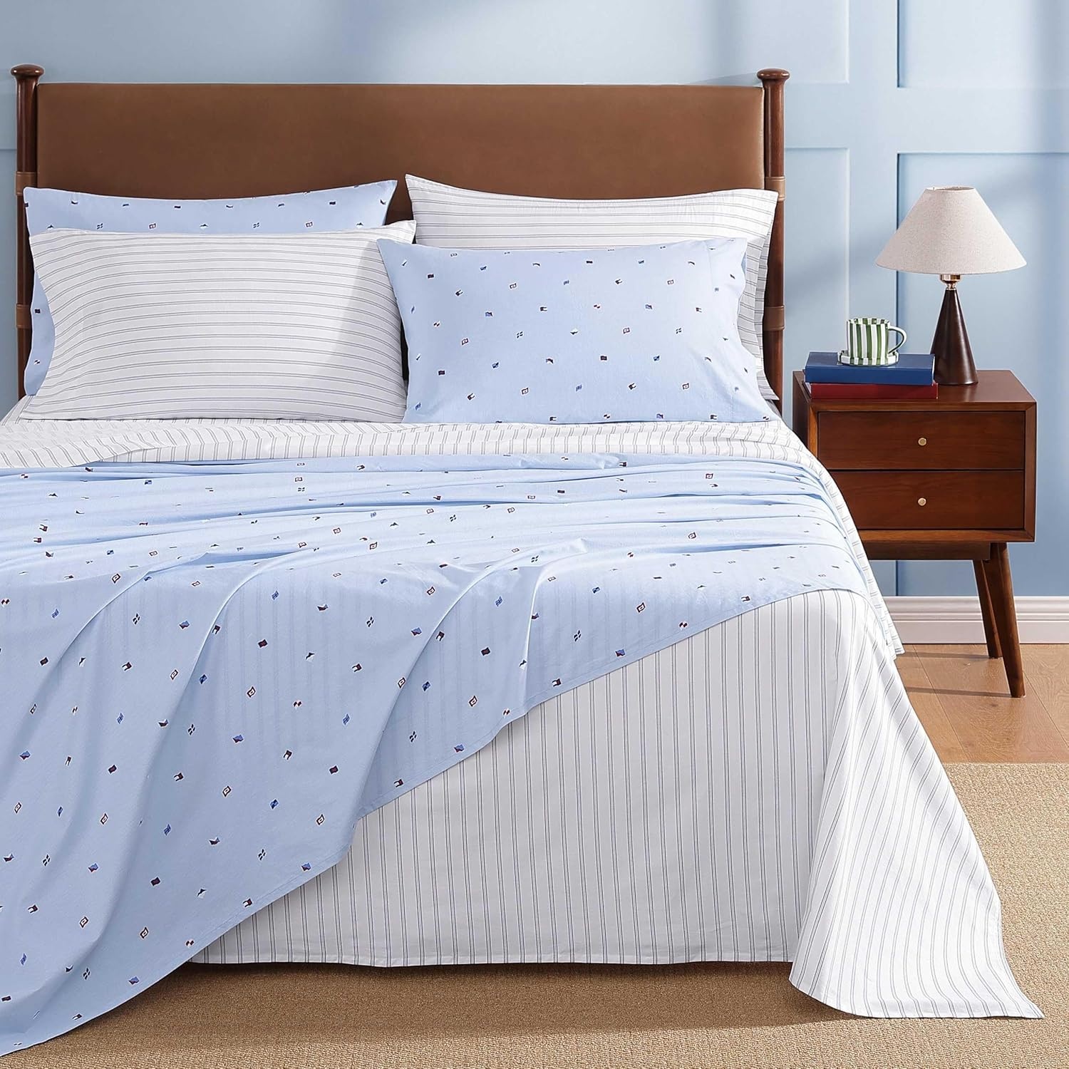 image:imageTommy Hilfiger Twin Size Sheets Set Crisp amp Tailored Cooling Sheets with a Cotton Percale Lightweight Feel Bed Sheets with Matching Pillowcase amp Fitted Sheet Cass Park Mix GreenJoshua Tree Stripe Blue