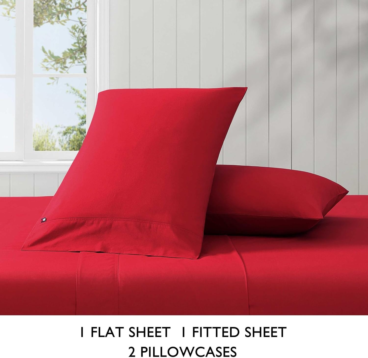 image:imageTommy Hilfiger Twin Size Sheets Set Crisp amp Tailored Cooling Sheets with a Cotton Percale Lightweight Feel Bed Sheets with Matching Pillowcase amp Fitted Sheet Cass Park Mix GreenSolid Red