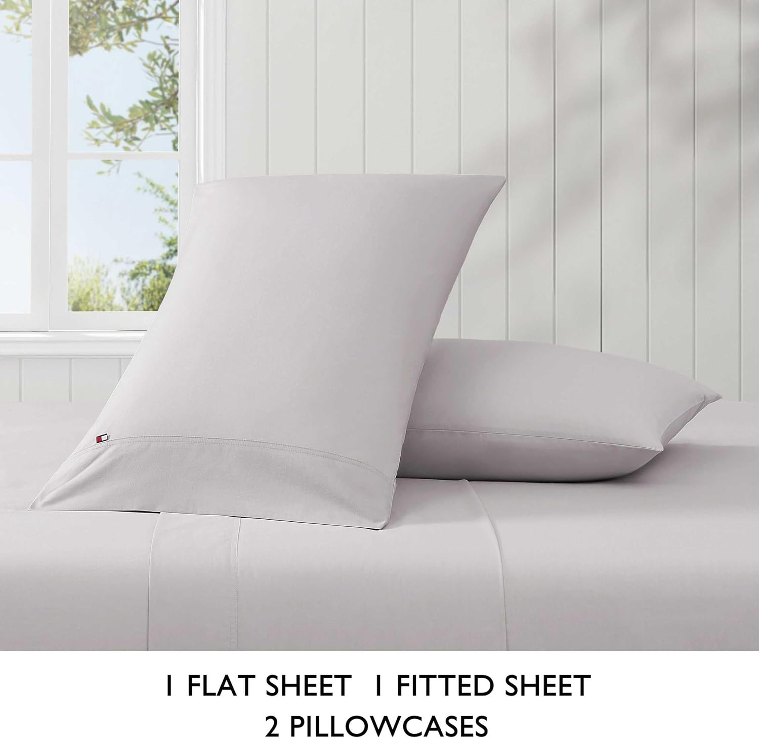 image:imageTommy Hilfiger Twin Size Sheets Set Crisp amp Tailored Cooling Sheets with a Cotton Percale Lightweight Feel Bed Sheets with Matching Pillowcase amp Fitted Sheet Cass Park Mix GreenSolid Grey