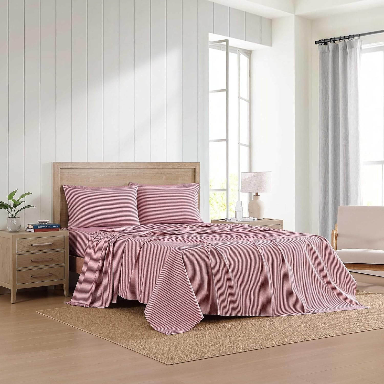 image:imageTommy Hilfiger Twin Size Sheets Set Crisp amp Tailored Cooling Sheets with a Cotton Percale Lightweight Feel Bed Sheets with Matching Pillowcase amp Fitted Sheet Cass Park Mix GreenHighland Ticking Stripe Red