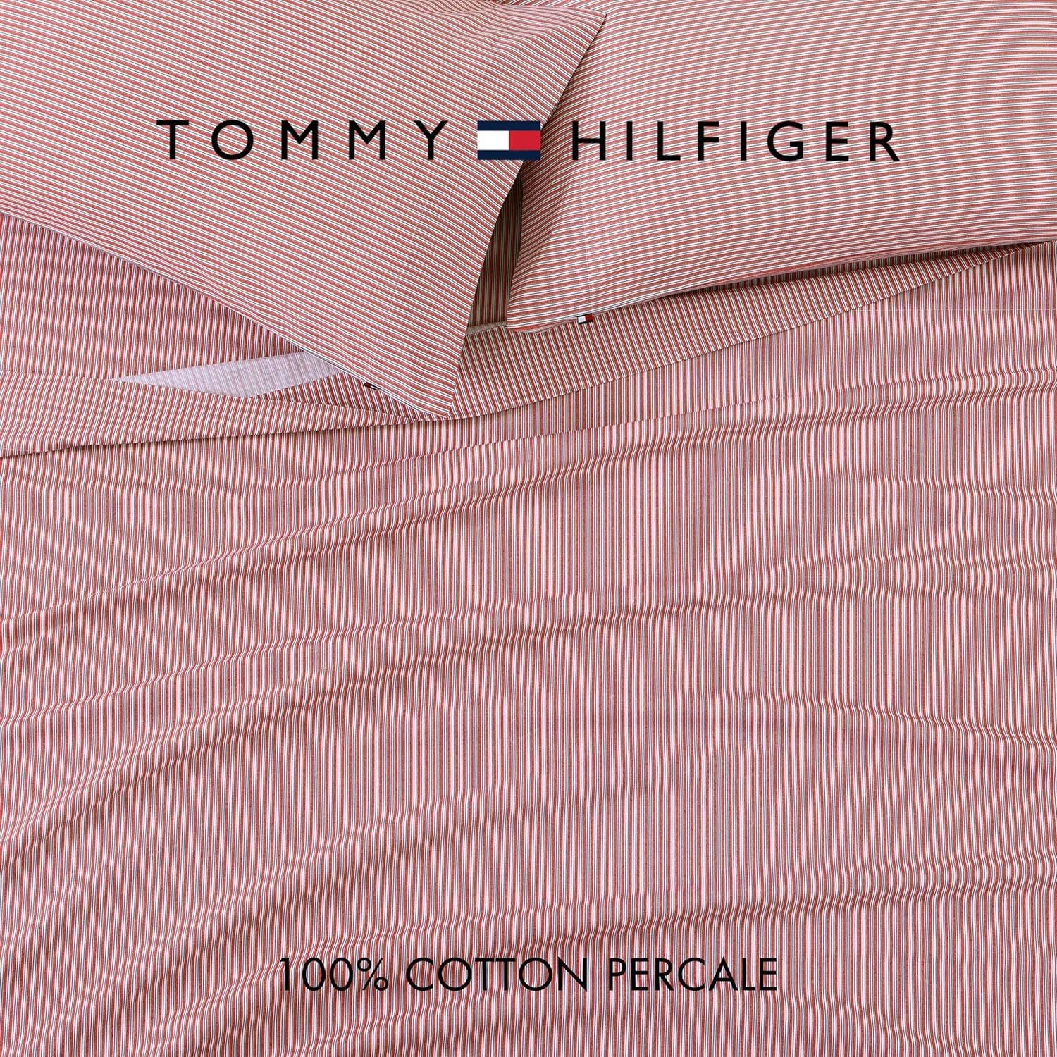 image:imageTommy Hilfiger Twin Size Sheets Set Crisp amp Tailored Cooling Sheets with a Cotton Percale Lightweight Feel Bed Sheets with Matching Pillowcase amp Fitted Sheet Cass Park Mix GreenHighland Ticking Stripe Red