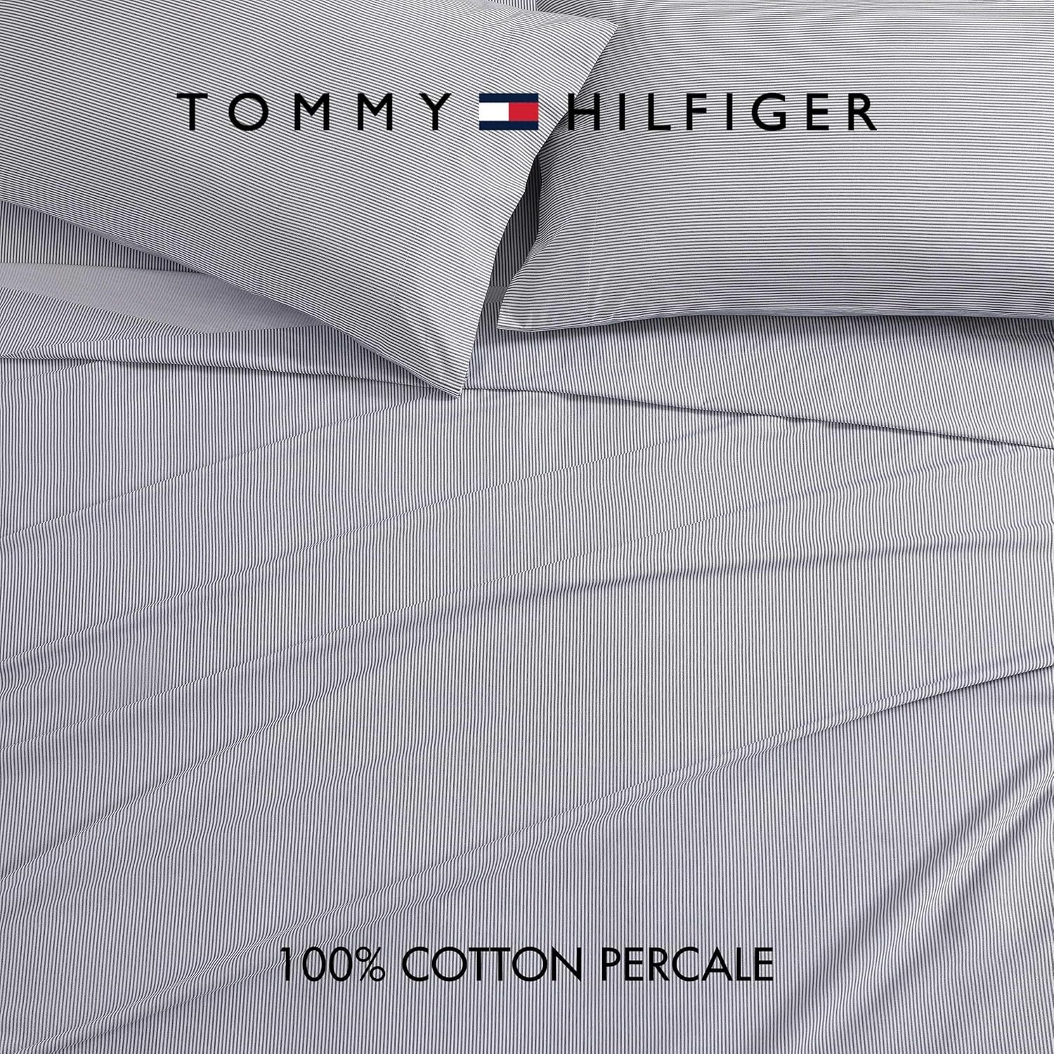 image:imageTommy Hilfiger Twin Size Sheets Set Crisp amp Tailored Cooling Sheets with a Cotton Percale Lightweight Feel Bed Sheets with Matching Pillowcase amp Fitted Sheet Cass Park Mix GreenIthaca Stipe Blue