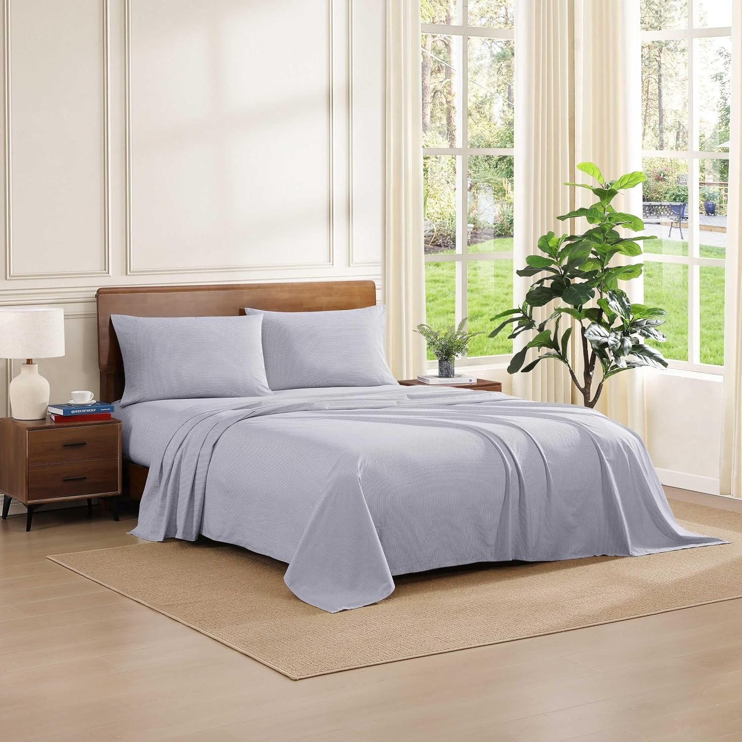 image:imageTommy Hilfiger Twin Size Sheets Set Crisp amp Tailored Cooling Sheets with a Cotton Percale Lightweight Feel Bed Sheets with Matching Pillowcase amp Fitted Sheet Cass Park Mix GreenIthaca Stipe Blue