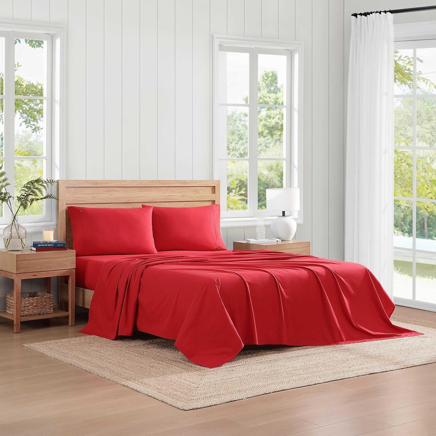 image:imageTommy Hilfiger Twin Size Sheets Set Crisp amp Tailored Cooling Sheets with a Cotton Percale Lightweight Feel Bed Sheets with Matching Pillowcase amp Fitted Sheet Cass Park Mix GreenSolid Red