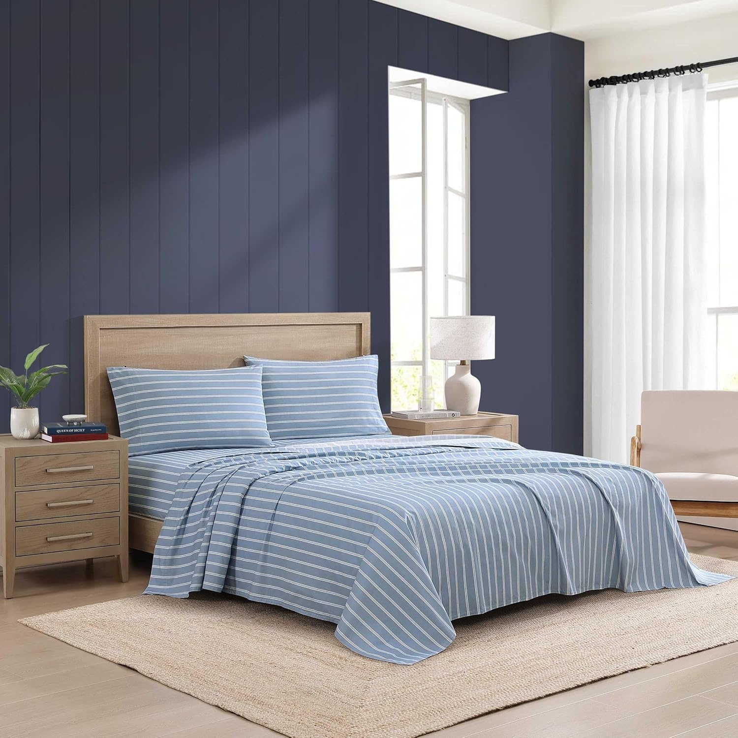 image:imageTommy Hilfiger Twin Size Sheets Set Crisp amp Tailored Cooling Sheets with a Cotton Percale Lightweight Feel Bed Sheets with Matching Pillowcase amp Fitted Sheet Cass Park Mix GreenEffortless Stripe Blue