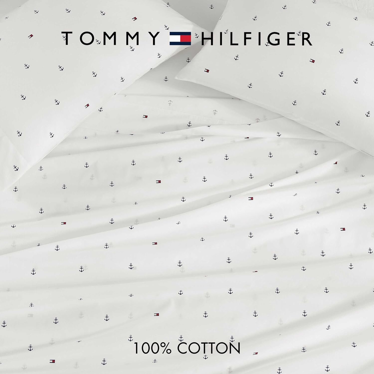image:imageTommy Hilfiger Twin Size Sheets Set Crisp amp Tailored Cooling Sheets with a Cotton Percale Lightweight Feel Bed Sheets with Matching Pillowcase amp Fitted Sheet Cass Park Mix GreenAnchor and Flag Blue