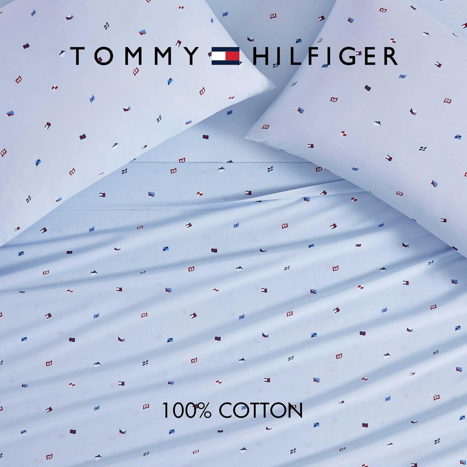 image:imageTommy Hilfiger Twin Size Sheets Set Crisp amp Tailored Cooling Sheets with a Cotton Percale Lightweight Feel Bed Sheets with Matching Pillowcase amp Fitted Sheet Cass Park Mix GreenNautical Flag Blue