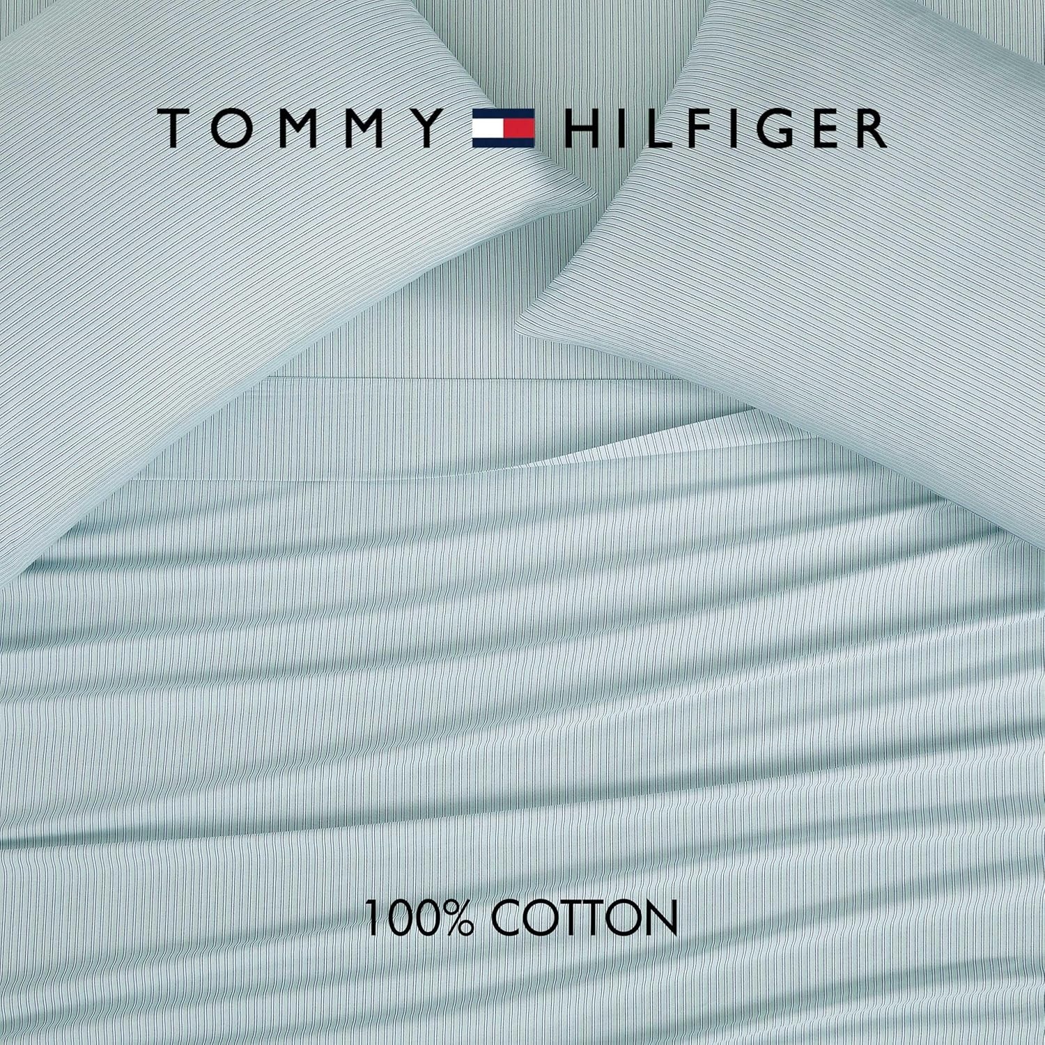 image:imageTommy Hilfiger Twin Size Sheets Set Crisp amp Tailored Cooling Sheets with a Cotton Percale Lightweight Feel Bed Sheets with Matching Pillowcase amp Fitted Sheet Cass Park Mix GreenHighland Ticking Stripe Green