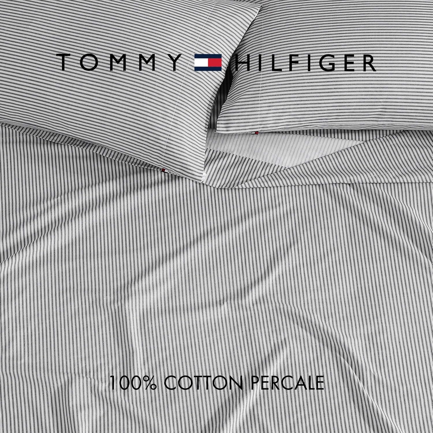 image:imageTommy Hilfiger Twin Size Sheets Set Crisp amp Tailored Cooling Sheets with a Cotton Percale Lightweight Feel Bed Sheets with Matching Pillowcase amp Fitted Sheet Cass Park Mix GreenHighland Ticking Stripe Navy