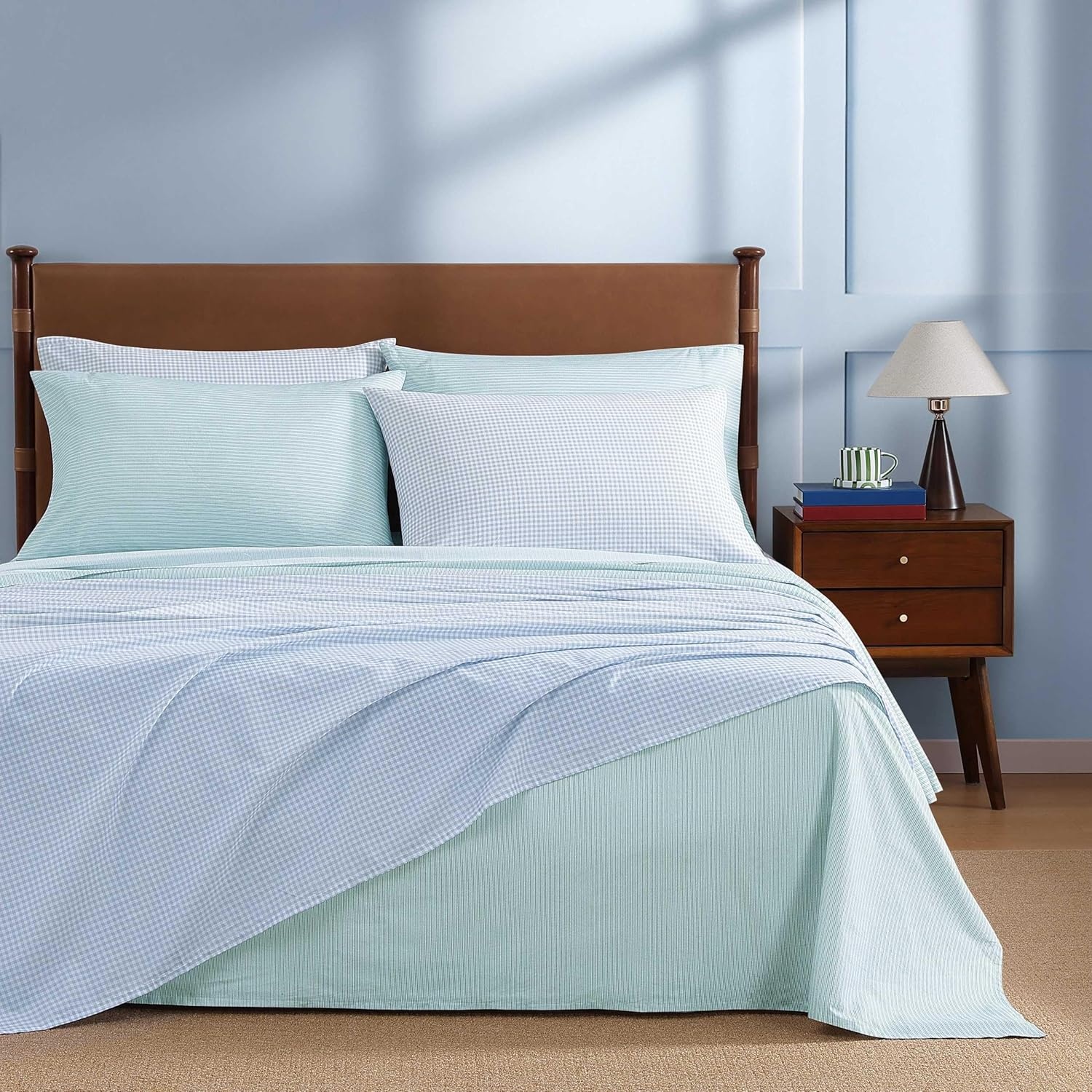 image:imageTommy Hilfiger Twin Size Sheets Set Crisp amp Tailored Cooling Sheets with a Cotton Percale Lightweight Feel Bed Sheets with Matching Pillowcase amp Fitted Sheet Cass Park Mix GreenGardena Check Blue
