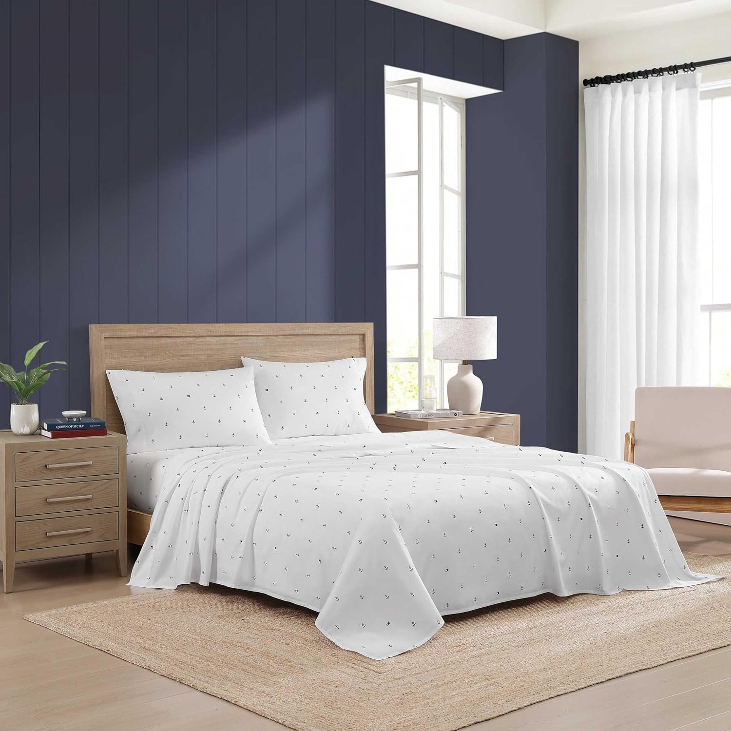 image:imageTommy Hilfiger Twin Size Sheets Set Crisp amp Tailored Cooling Sheets with a Cotton Percale Lightweight Feel Bed Sheets with Matching Pillowcase amp Fitted Sheet Cass Park Mix GreenAnchor and Flag Blue
